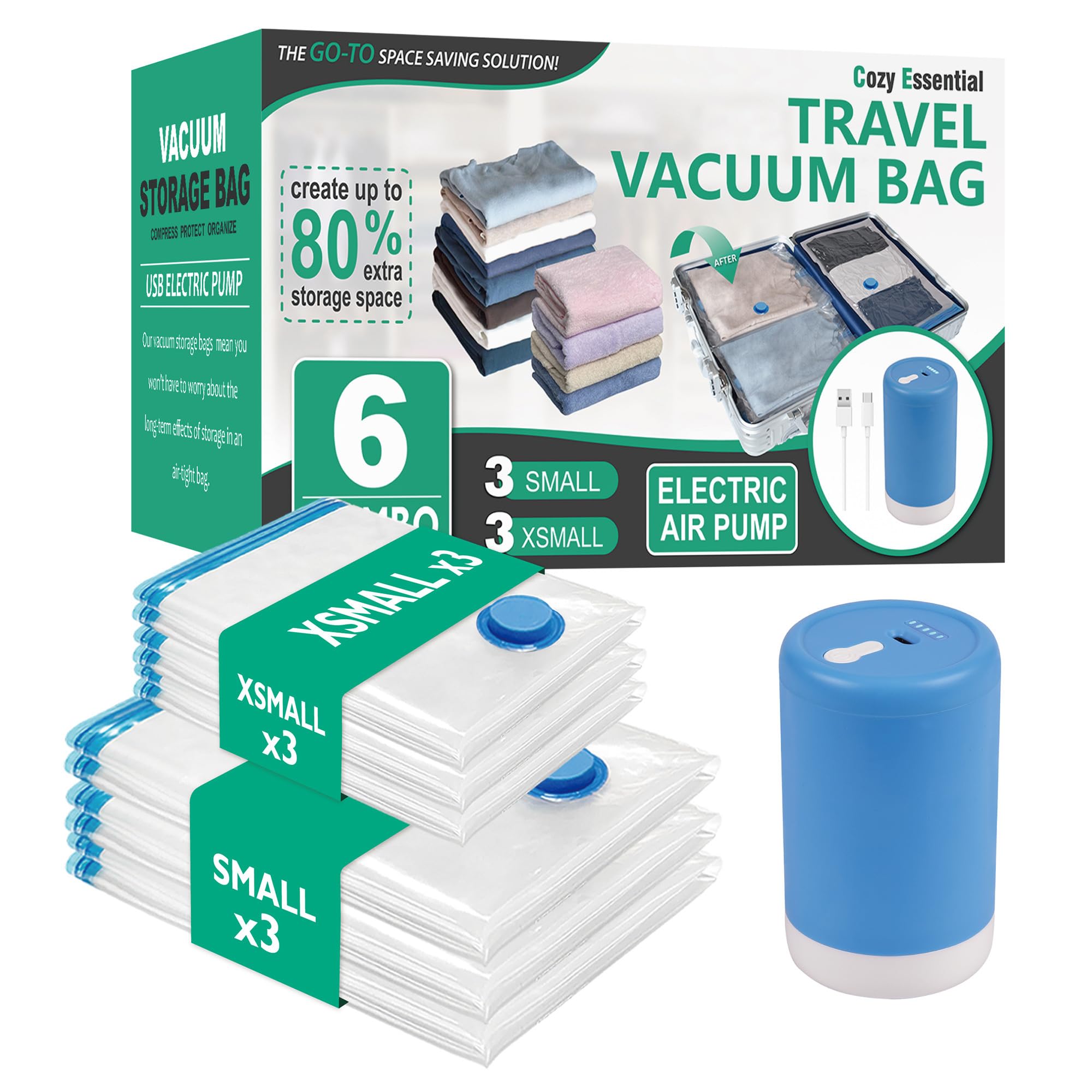 Cozy Essential Travel Vacuum Bags with Electric Pump, 6 Pack Vacuum Travel Bags for Luggage and Suitcase, Vacuum Seal Space Save