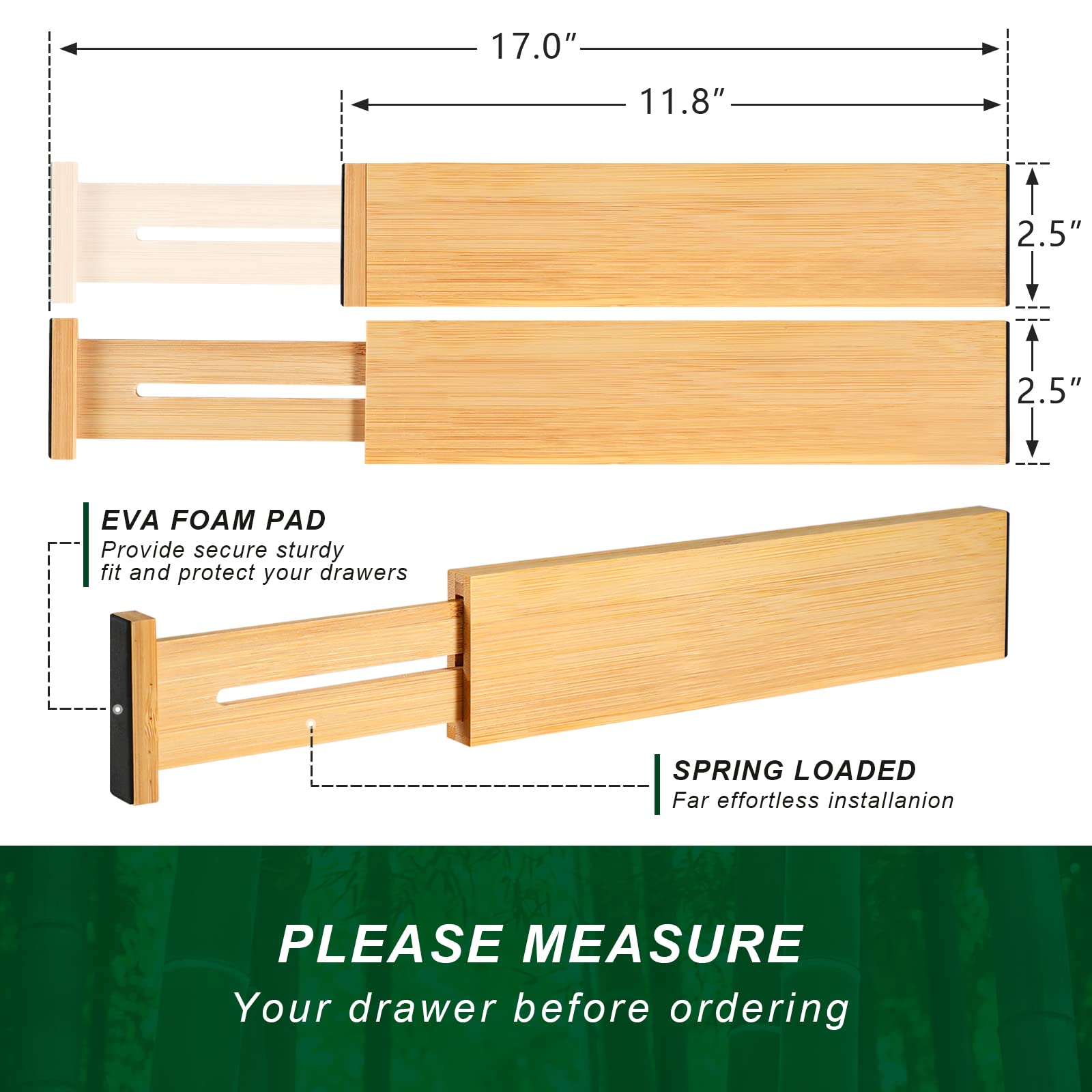 4 Pack Bamboo Drawer Dividers, Adjustable Length from 12 Inch to 17 Inch, Expandable Kitchen Drawer Organizer, Drawer Organizati