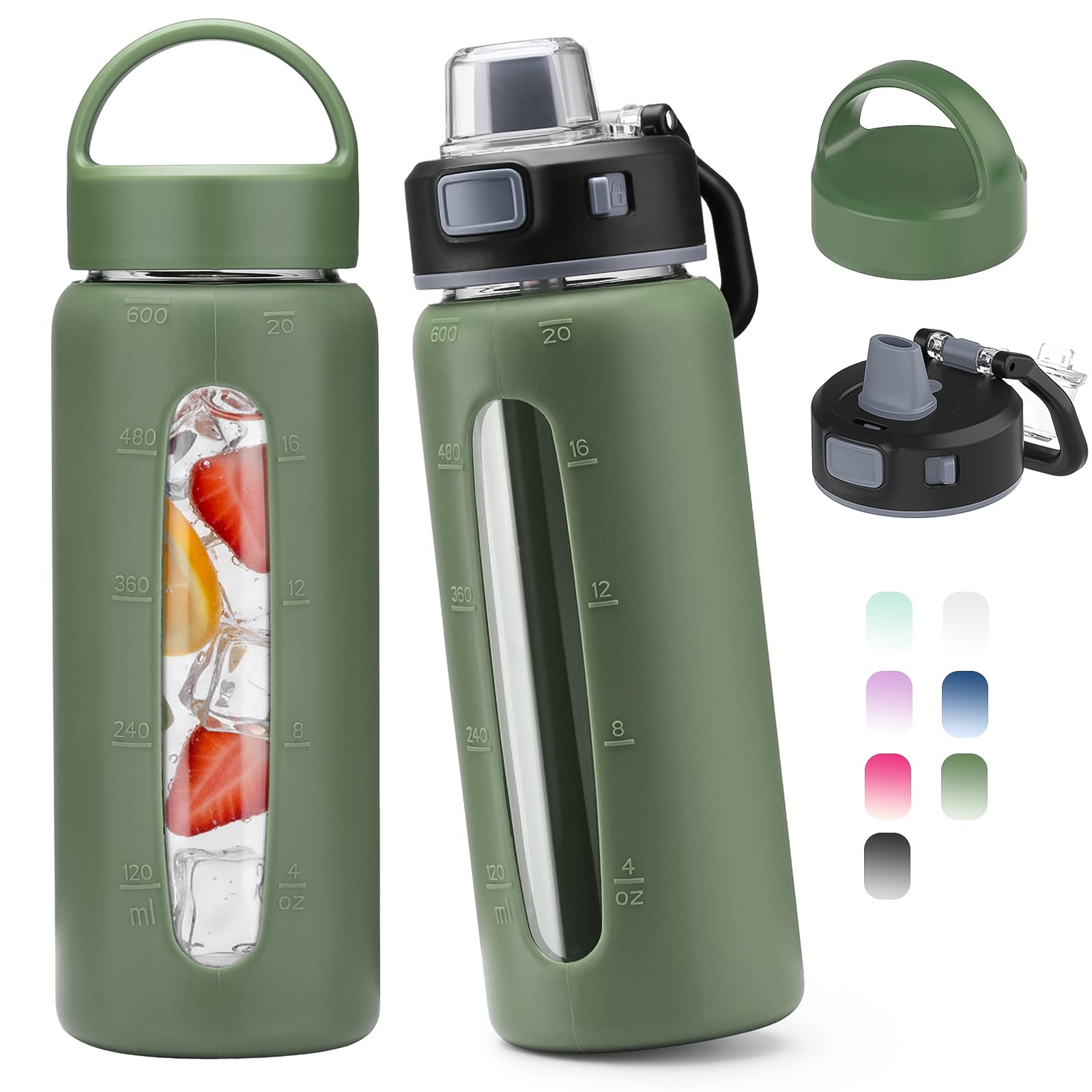 Kodrine 20oz Glass Water Bottle with Straw-2 Lids for Easy Carry with Handle, Silicone Sleeve & Time Marker, Reusable Glass Drin