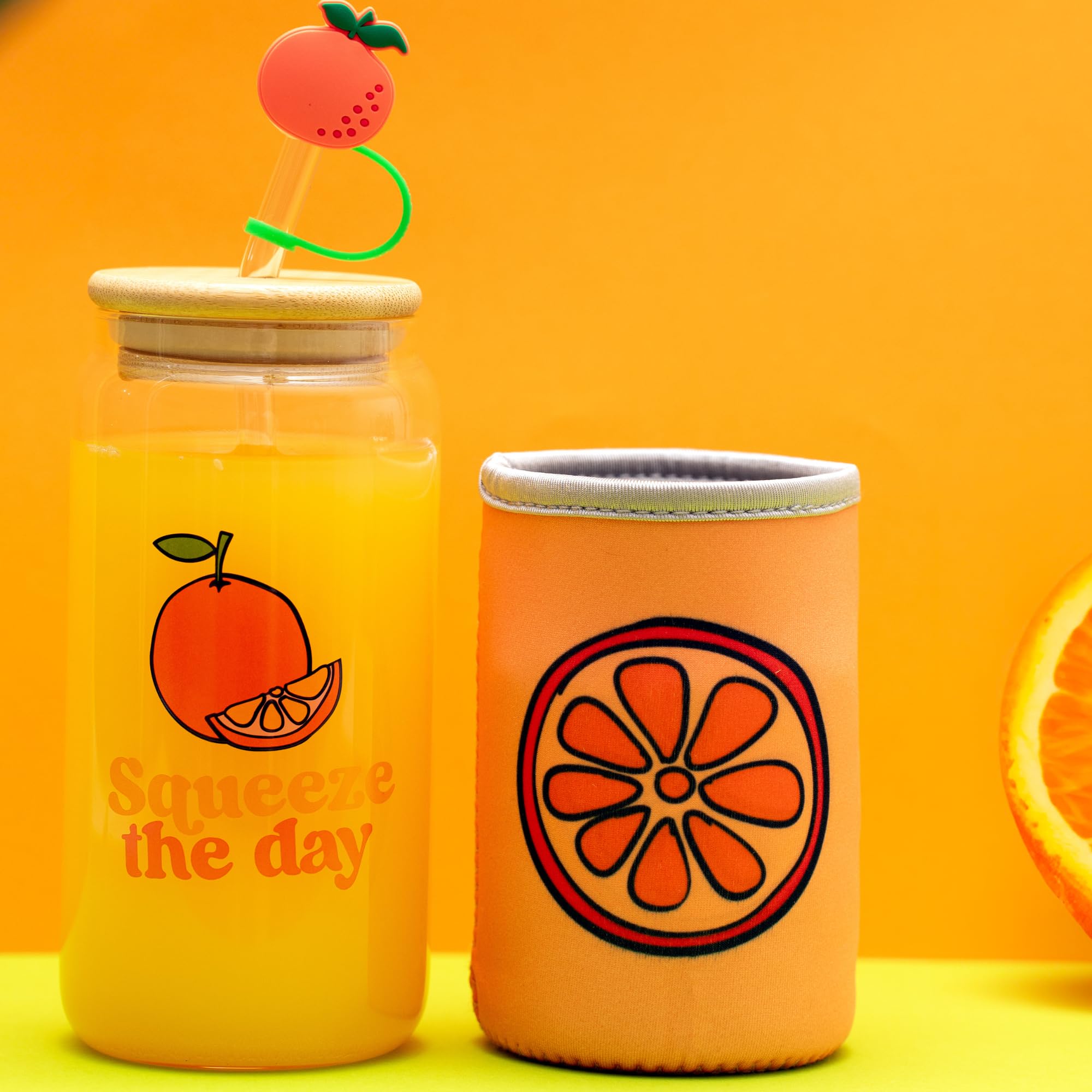 The Love Crate Co. Orange Gifts for Women - Glass Tumbler with Lid and Straw, Customized Straw Stopper and Cup Sleeve. Aesthetic