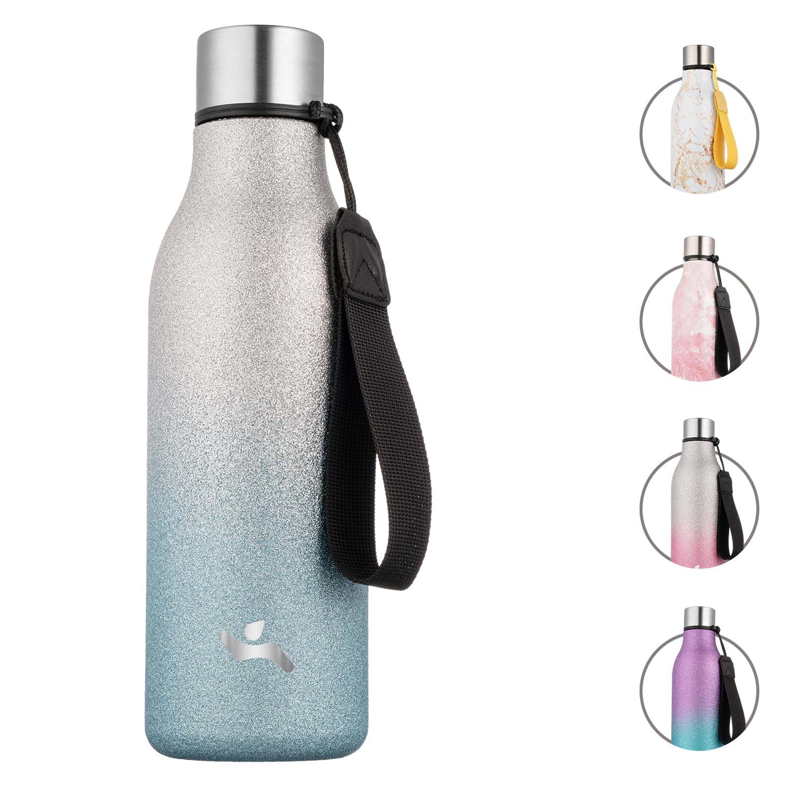 Konokyo Insulated Water Bottle with Strap,18 oz Double Wall Stainless Steel Vacuum Bottles Metal Water Flask,Sparkling Silver Bl