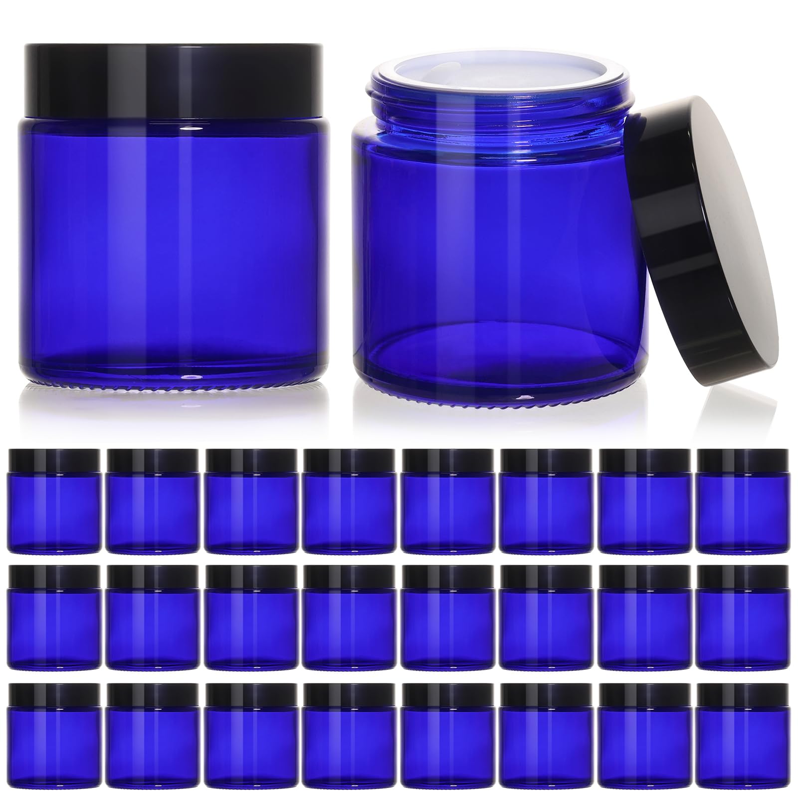 Keywing 4Oz Blue Glass Cosmetic Jars With Black Lids, 24 Pack Empty Small Glass Jars With Inner Liners For Cream, Lotion, Ointme