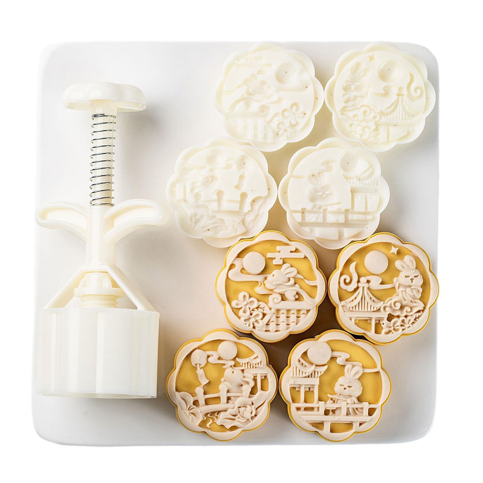 SPONGL Mooncake Molds,4 Stamps Cake Molds Set with Flying Rabbits Design for Middle Autumn Festival Baking Kitchen Tool