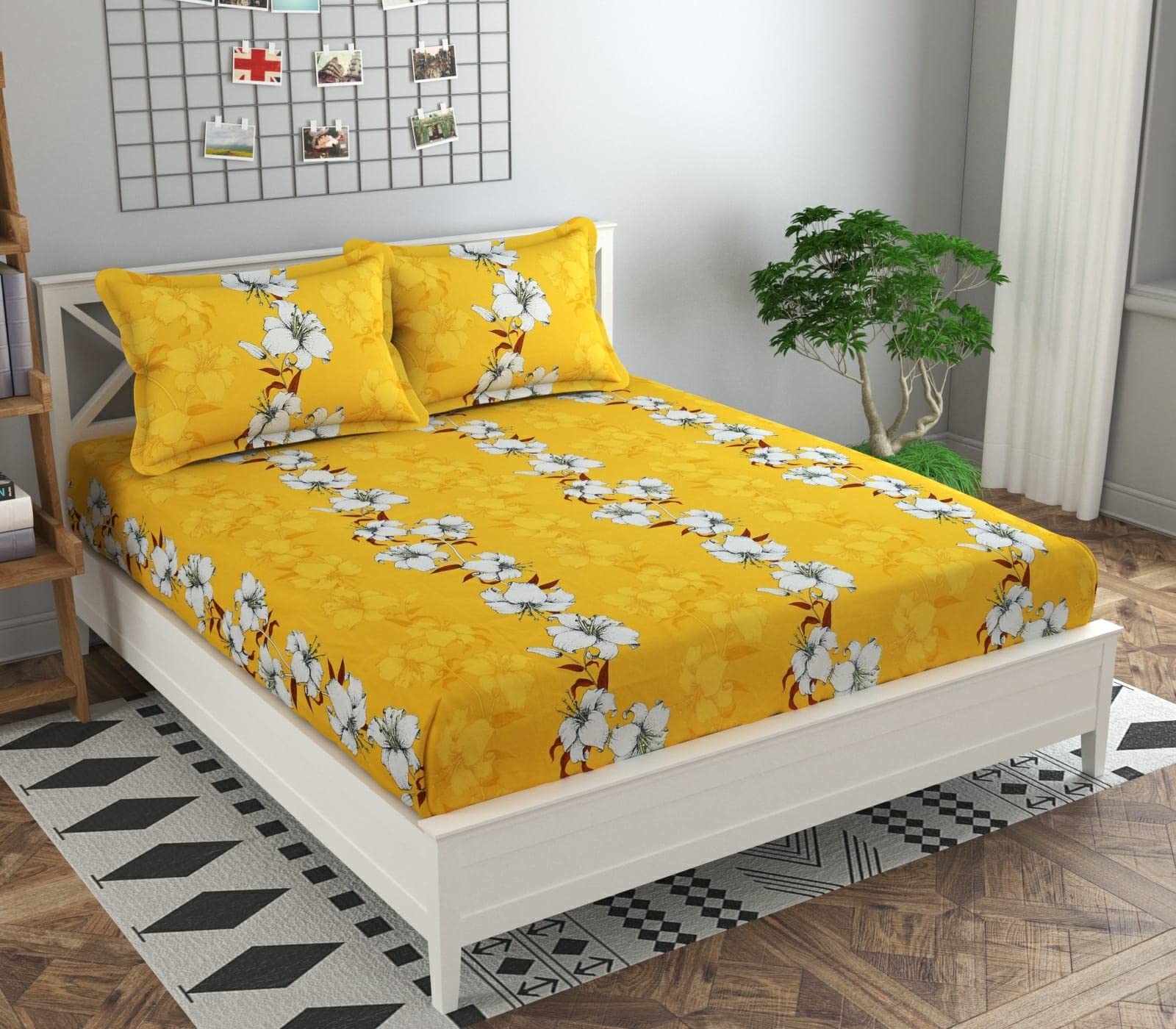Kawi Elastic Fitted Bedsheet Queen Size Double Bed Cotton Blend (78X72Xup To 6 Inches) With 2 Pillow Cover -200 Tc - Yellow