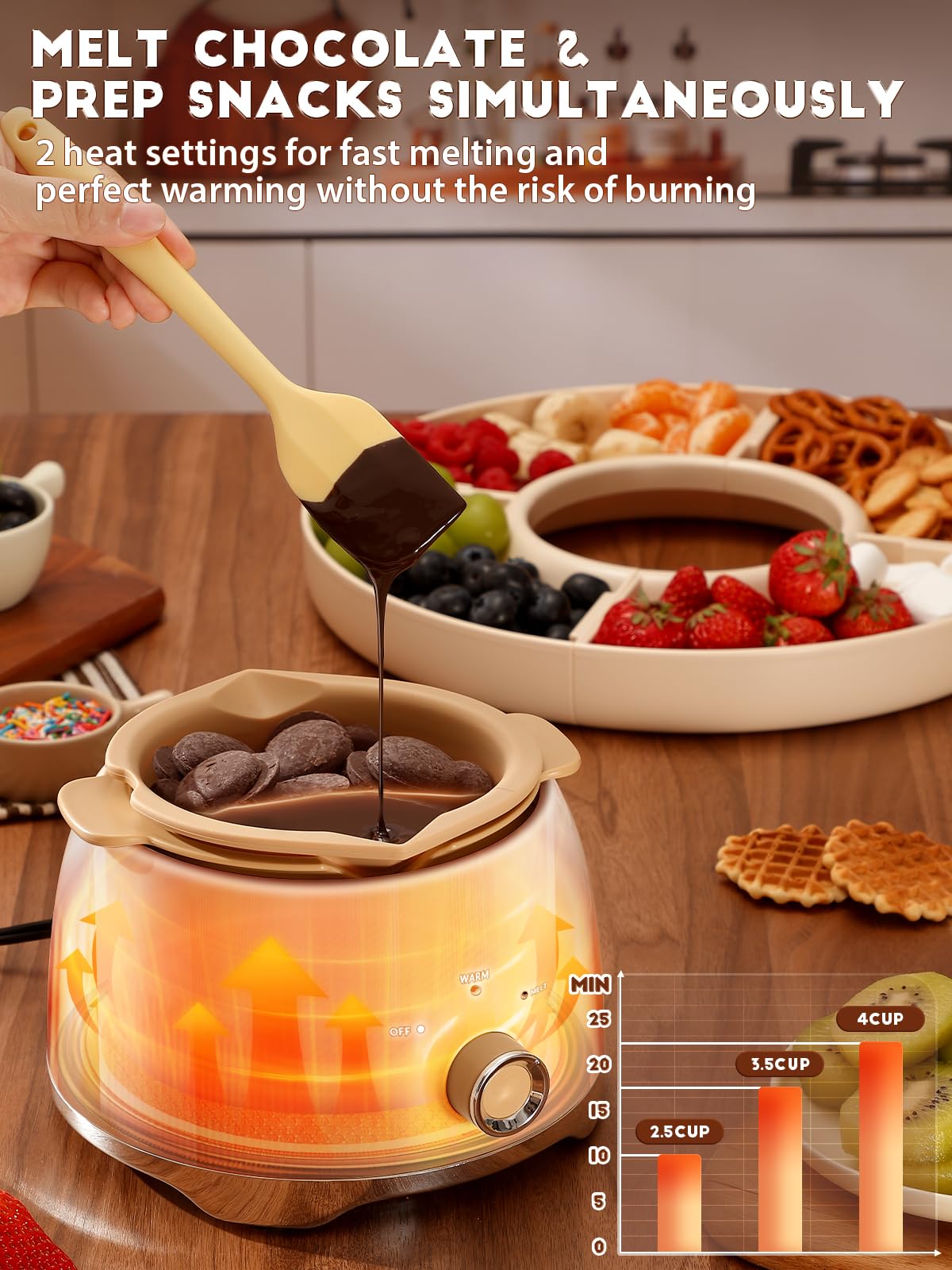 LUSHYUM Chocolate Fondue Pot Set Electric Melting Machine, 4-Cup Capacity 4 Trays 5 Forks 1 Spatula Cheese Warmer, Ideal Gift fo