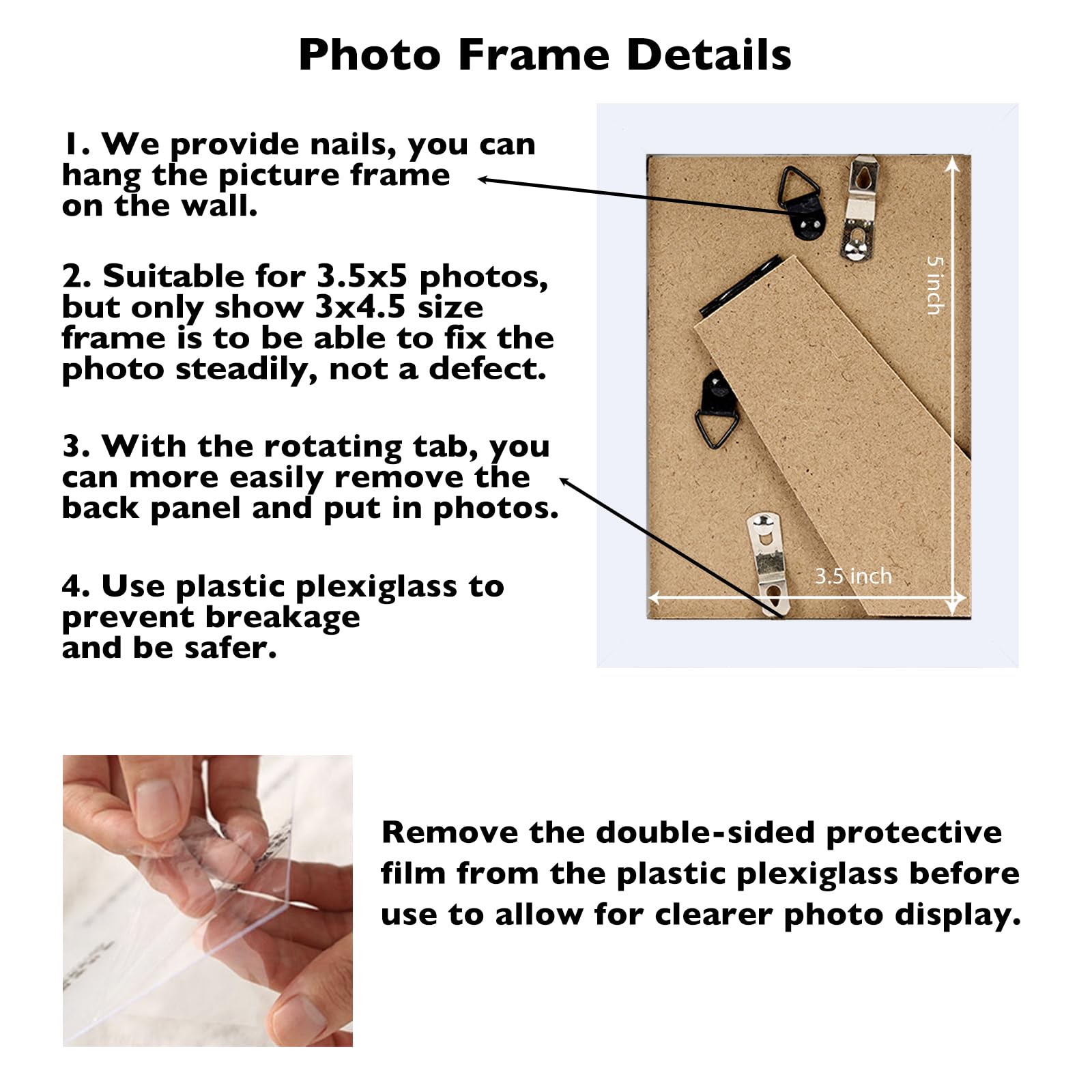 JCJMY 3.5x5 Picture Frame White for Wall or Tabletop, 3.5 x 5 Wall Gallery Poster Photo Frame with Shatter Resistant Plexiglass,