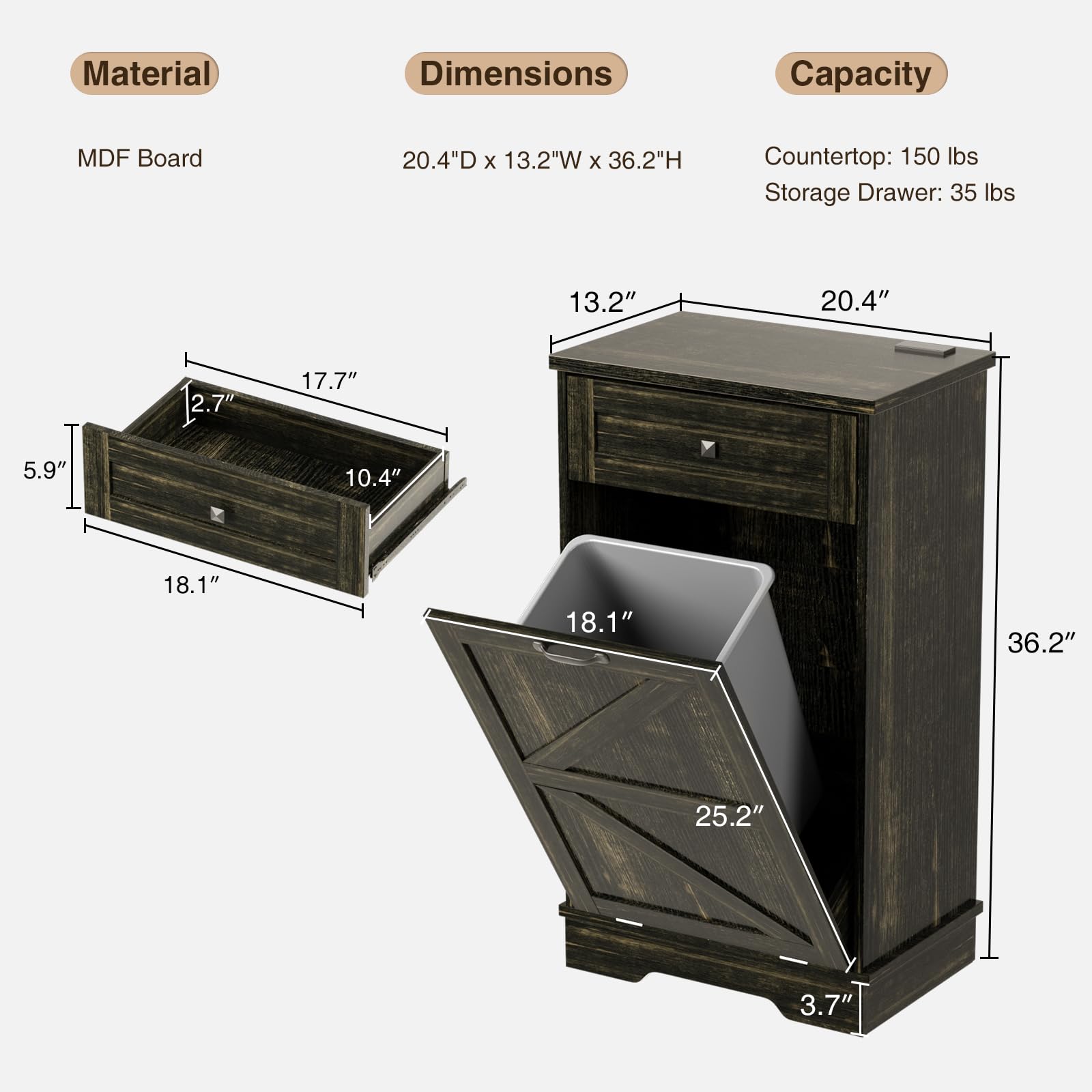 13 Gallon Tilt Out Trash Can Cabinet With Natural Rattan, Hidden Trash Can Cabinet With Deodorizing Function, Laundry Cabinet Fo