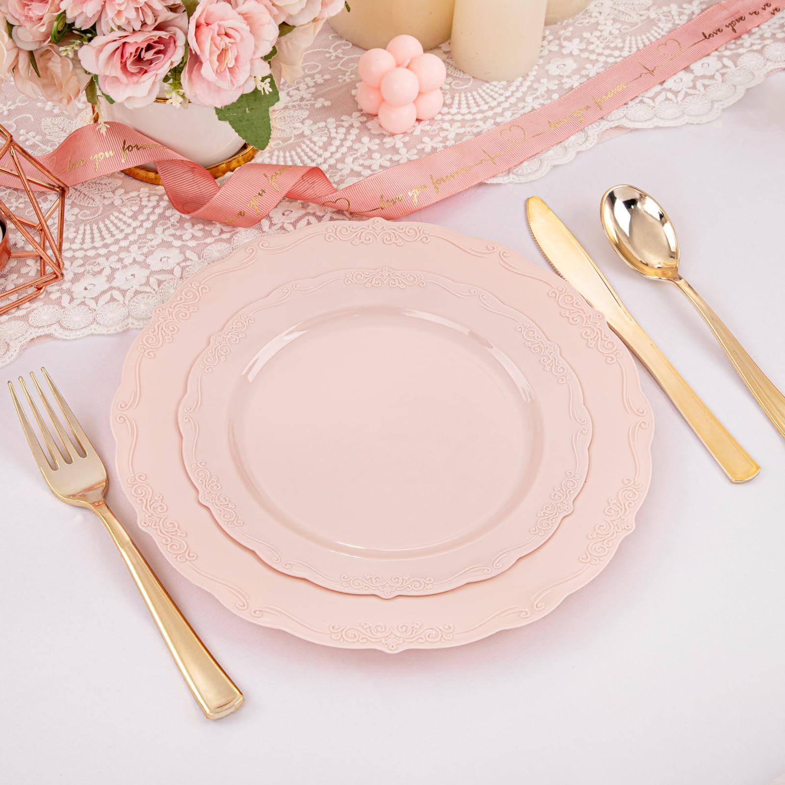 U-Qe 100Pcs Mauve Pink Plastic Plates For Party - Plastic Party Plates Disposable Heavy Duty - Pink Valentines Plates For Valent