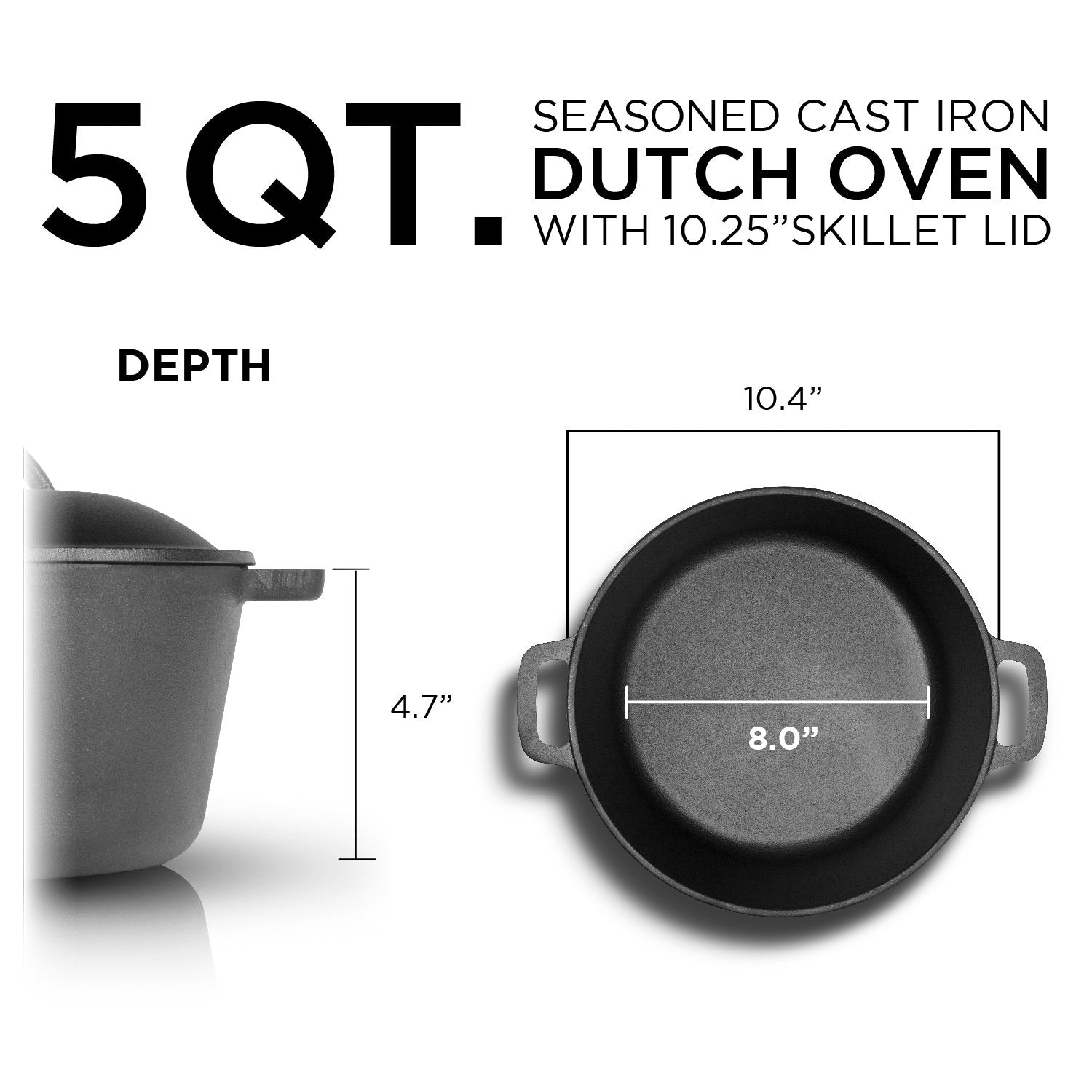 Commercial Chef 5 Quart Cast Iron Dutch Oven With Dome Lid & Handles, Preseasoned
