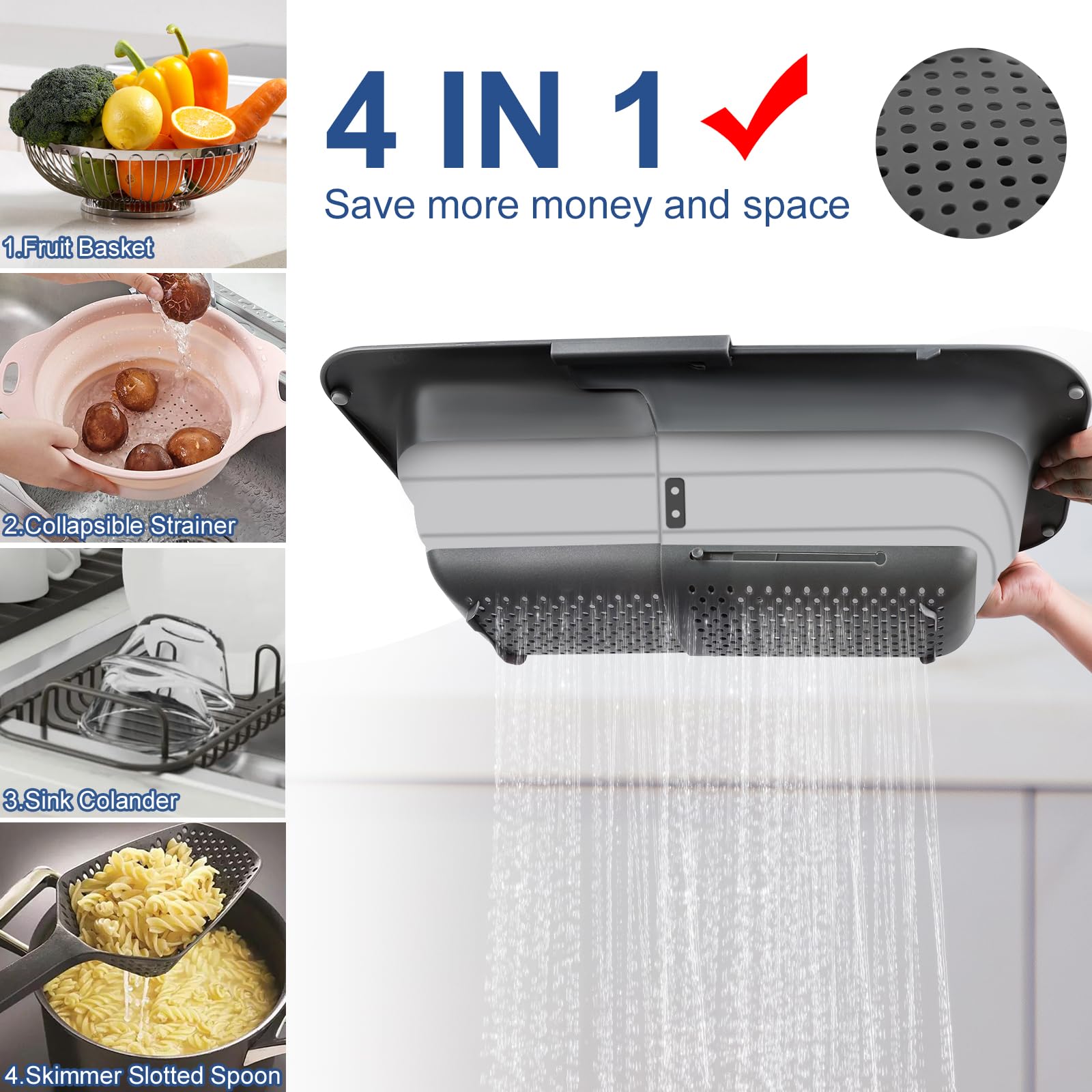 Rottogoon Collapsible Colander Strainer, Expandable Over The Sink Colander For Kitchen, Adjustable Silicone Sink Strainer, Folda