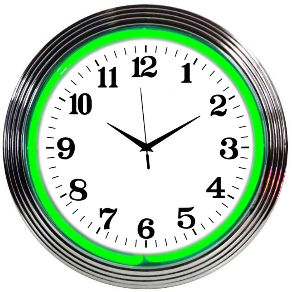 Neonetics Bar and Game Room Neon Alphanumeric Wall Clock with Green Neon and Chrome Rim, 15-Inch