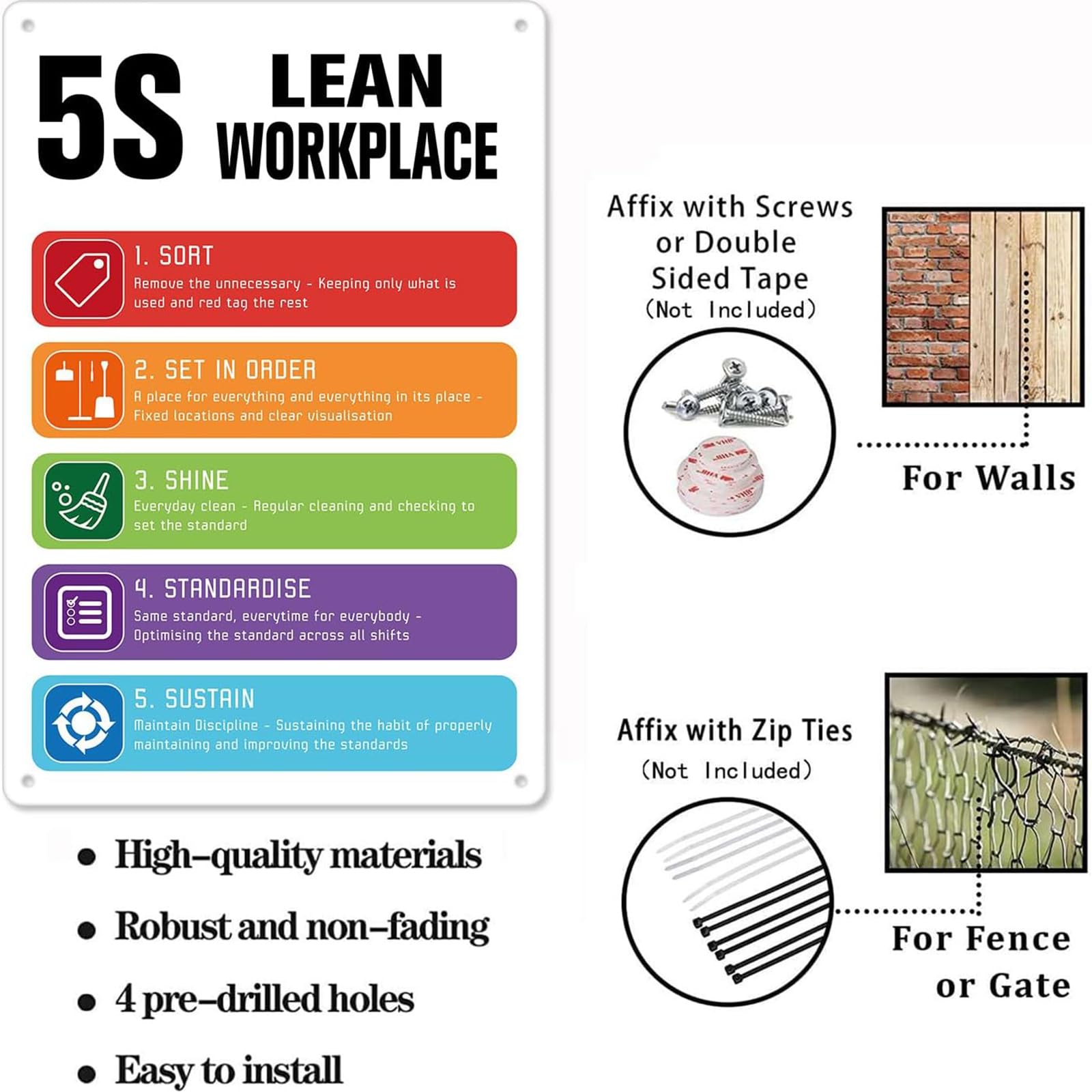 Oksinity 5S Lean Workplace Metal Tin Sign Bar Signs For Farmhouse, Home, Office, Classroom, Restaurant (White, 16x12 Inch)