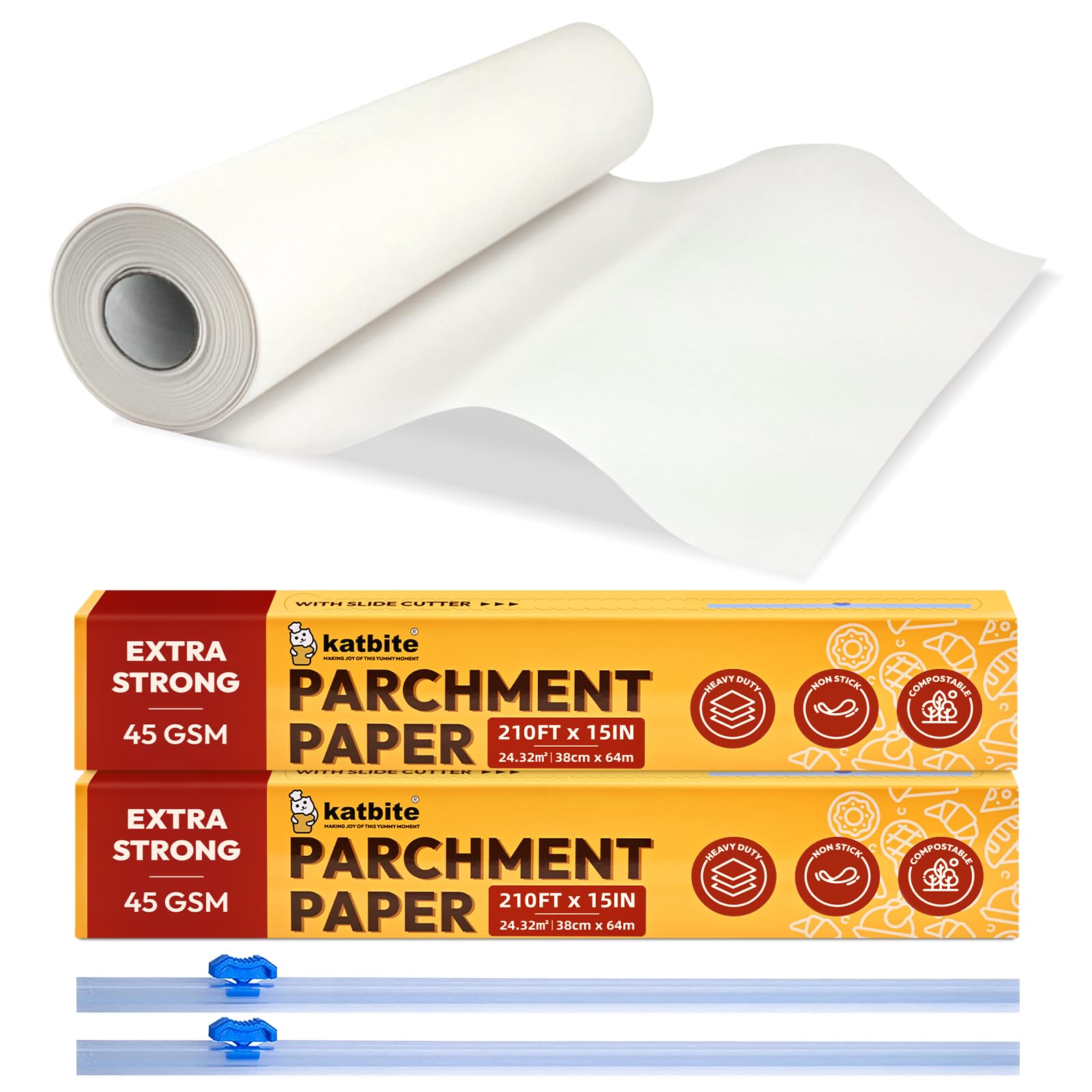 Katbite Parchment Paper Roll For Baking, 2 Pack Of 15 In X 210 Ft, Heavy Duty Cooking Paper For Baking Bread, Cookies, Non-Stick