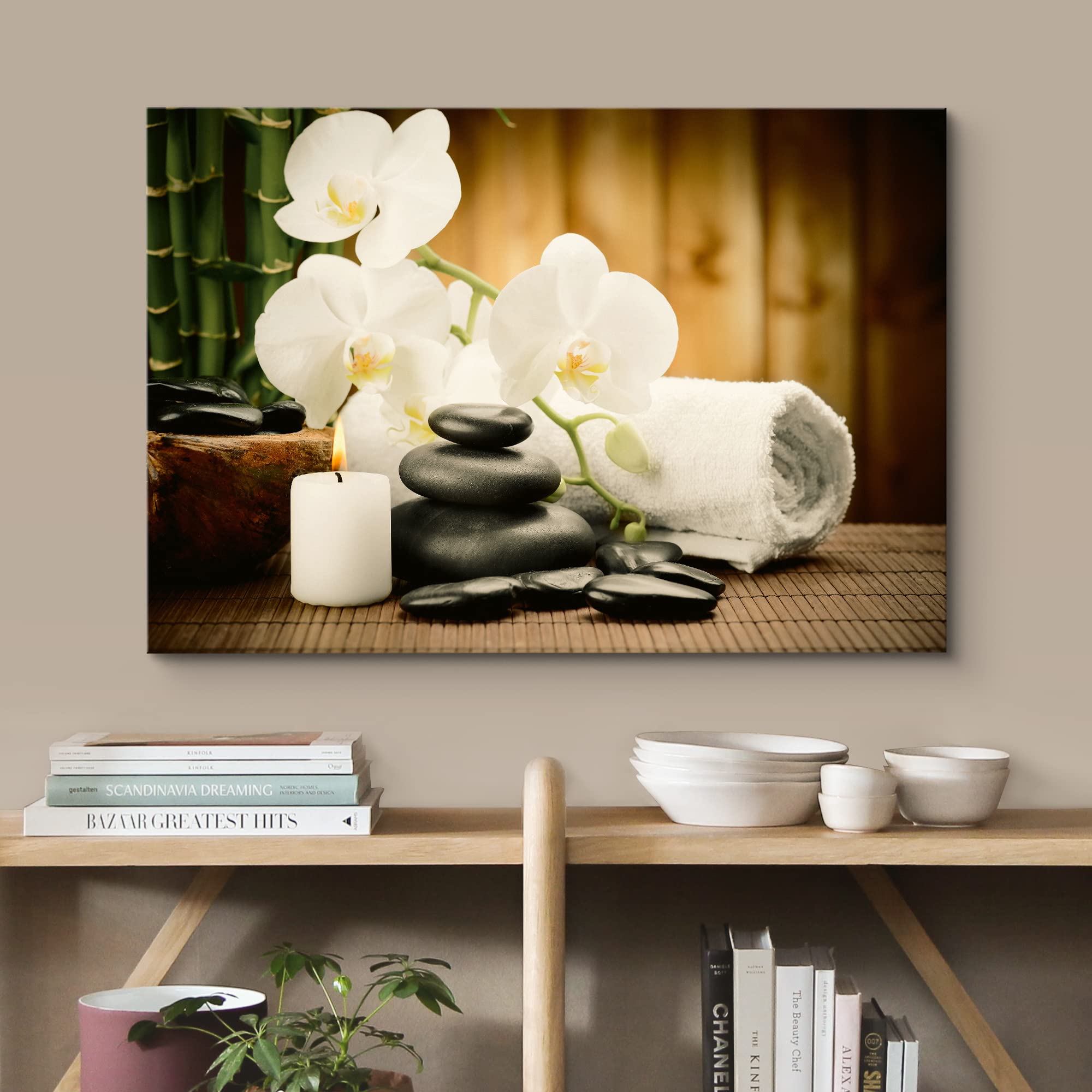 Wall26 Canvas Print Wall Art White Orchid Zen Bamboo Candle Massage Stones Nature Wilderness Photography Realism Rustic Neon Lan