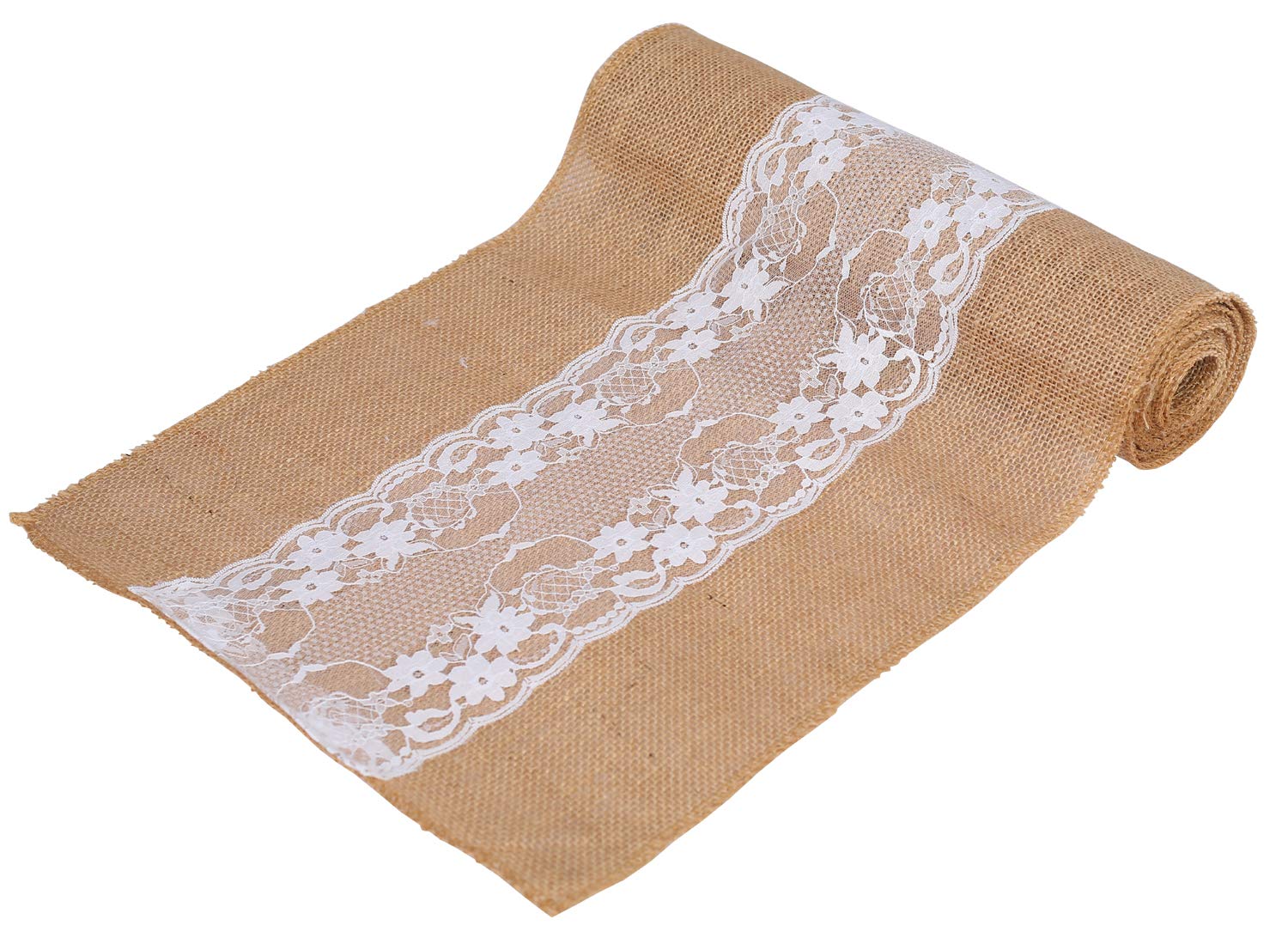 Mds Pack Of 5 Wedding 12 X 108 Inch Vintage Lace Burlap Table Runner, Rustic Farmhouse Jute Country Vintage Jute Burlap Roll For