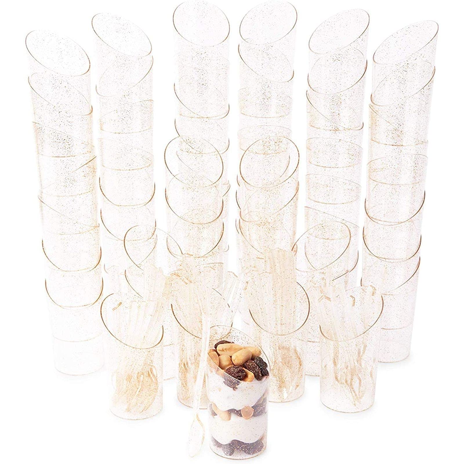Sparkle And Bash 120 Pieces Of Gold Glitter Mini Dessert Cups With Spoons, Plastic Disposable Dessert Cups 3Oz For Parfait, Shoo