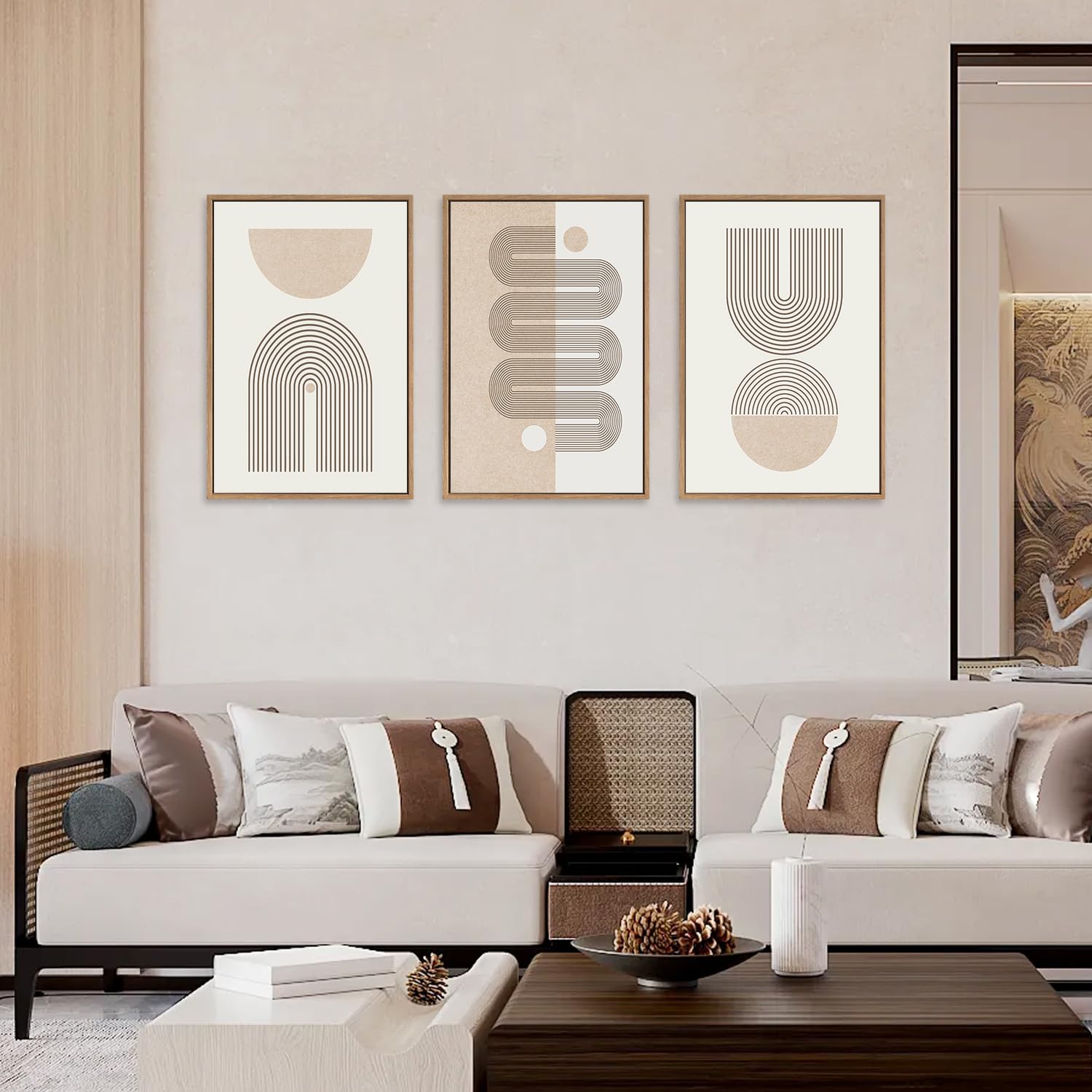 Chditb Framed Boho Wall Art Set Of 3, 24''X36'' Beige Mid Century Modern Wall Decor, Abstract Geometric Line Wall Painting, Larg