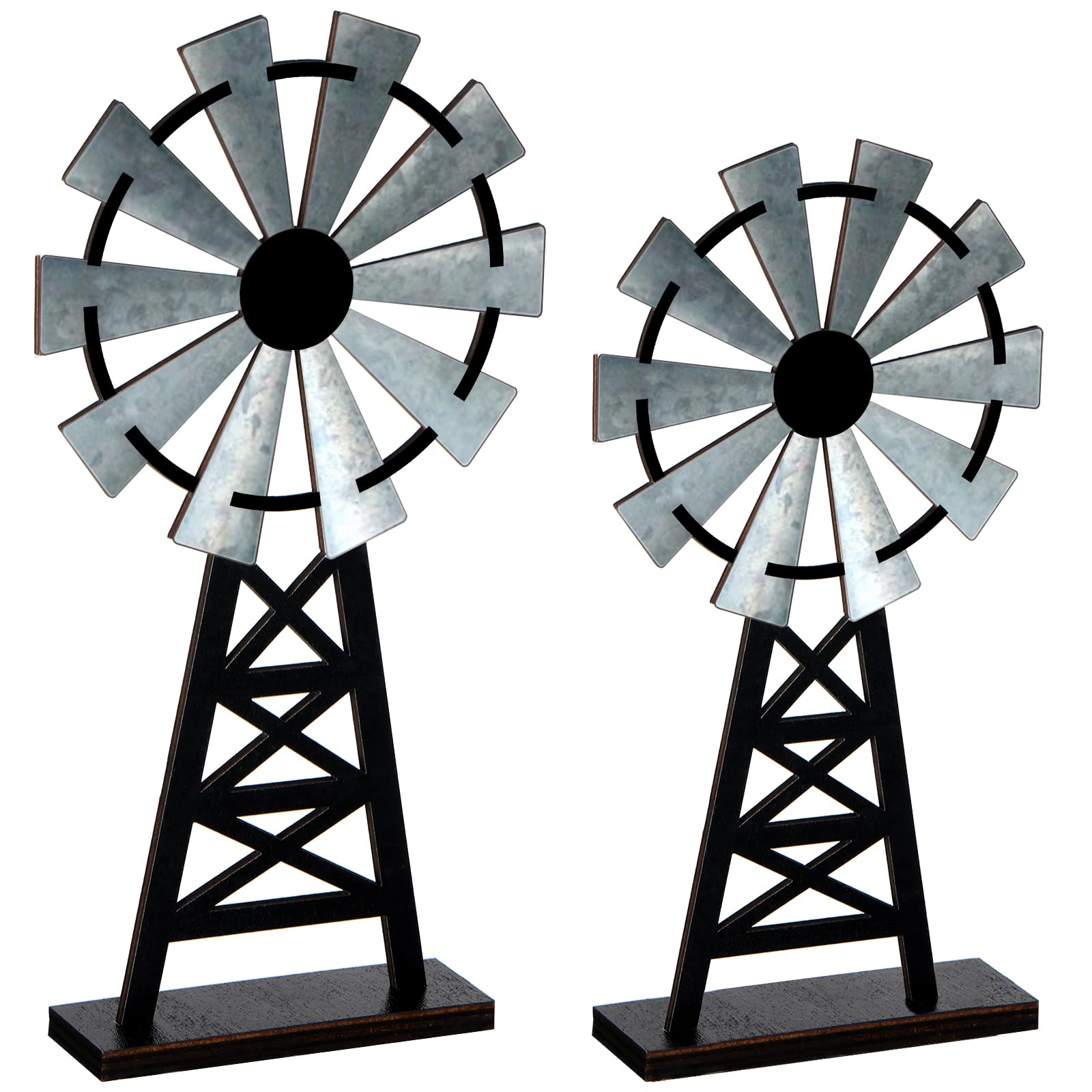 Yalikop Set of 2 Wooden Farmhouse Windmill Table Top Decor Wood Small Distressed Black Grey Rustic Windmill Themed Table Decor f