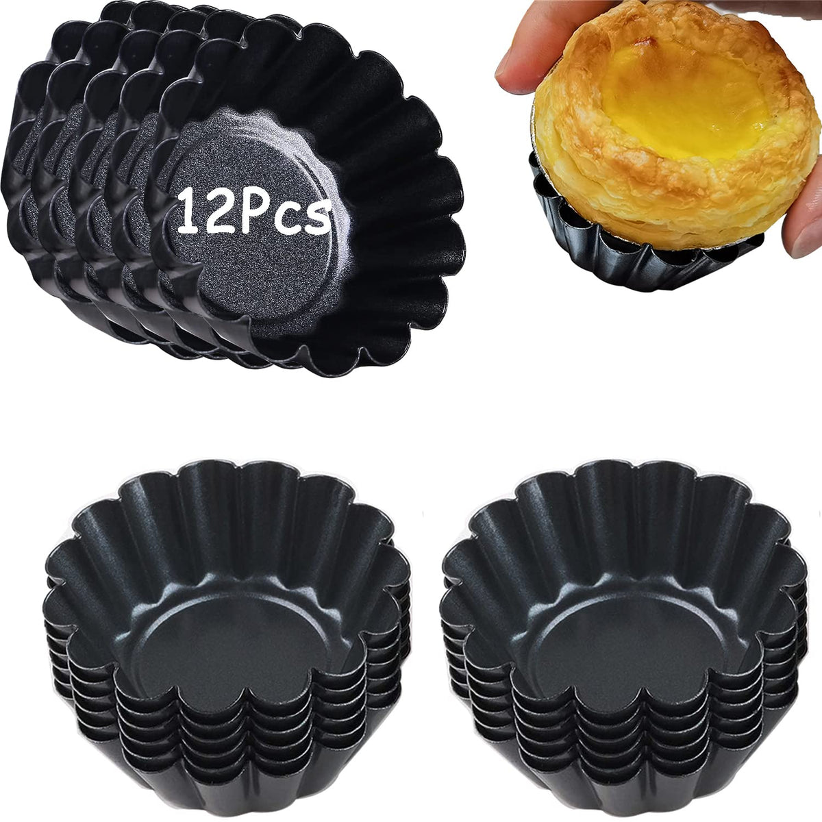 Xstronq Egg Tart Molds 12Pcs Tart Pan, Mini Carbon Steel Non Stick Tart Pans, Tart Molds For Baking (2.6 Inch)
