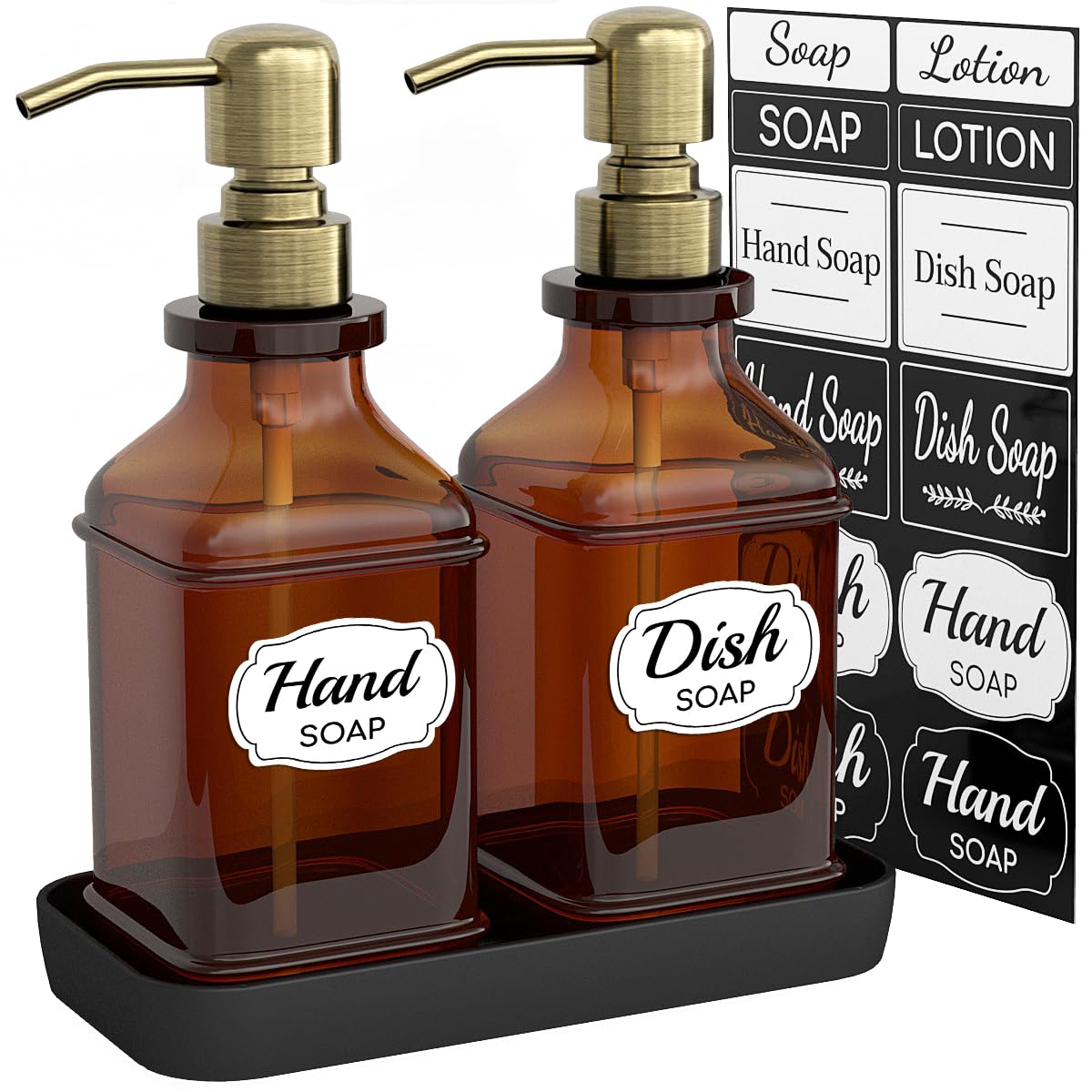 Lmqml Soap Dispenser - 2 Pack, Antique Design Thick Amber Glass Hand Soap Dispensers With Sturdy Tray; 304 Rust Proof Stainless