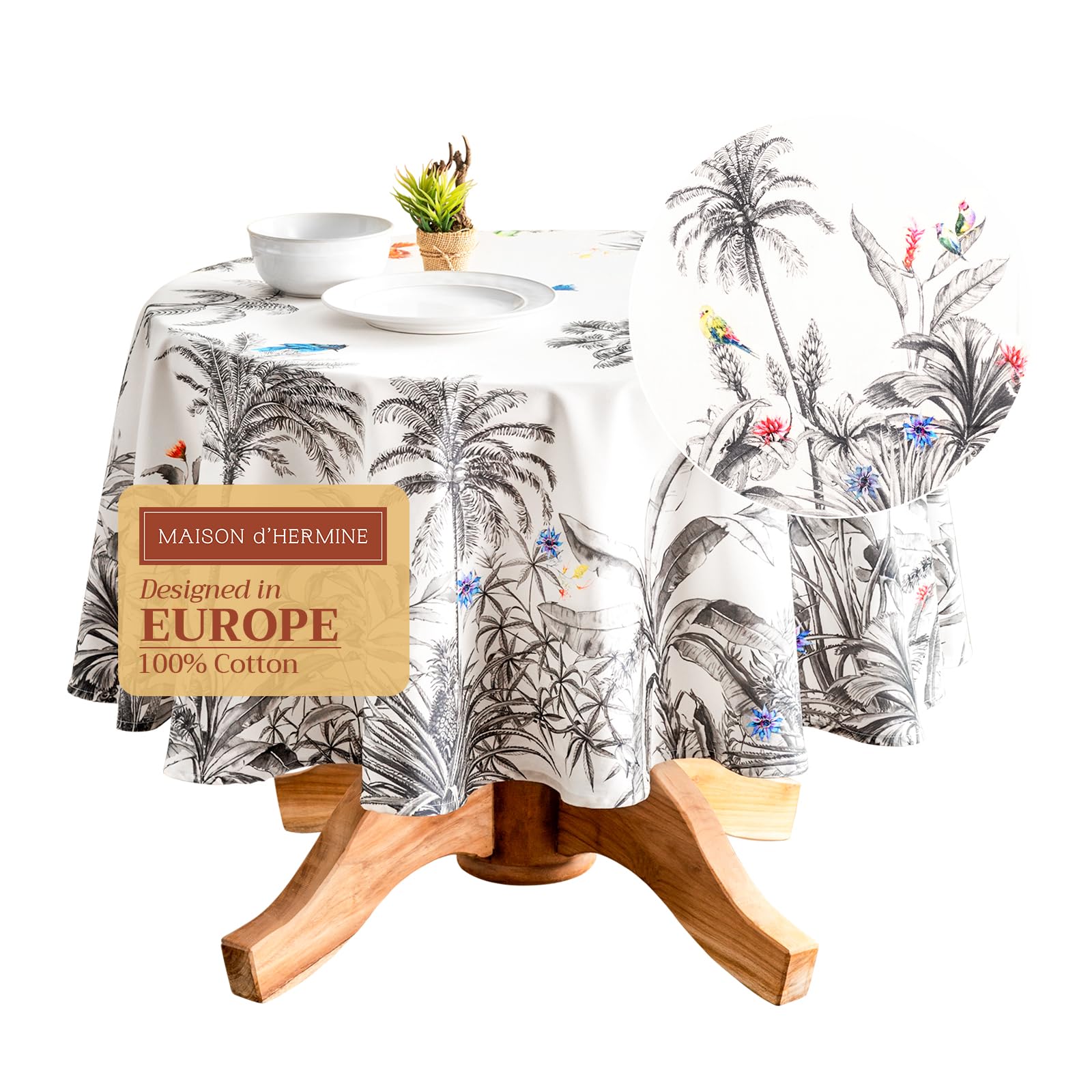 Maison d Hermine Table Cloth Round Table 100% Cotton 63 Inches Tablecloth Reusable Decorative Everyday Use for Dining Room, Far