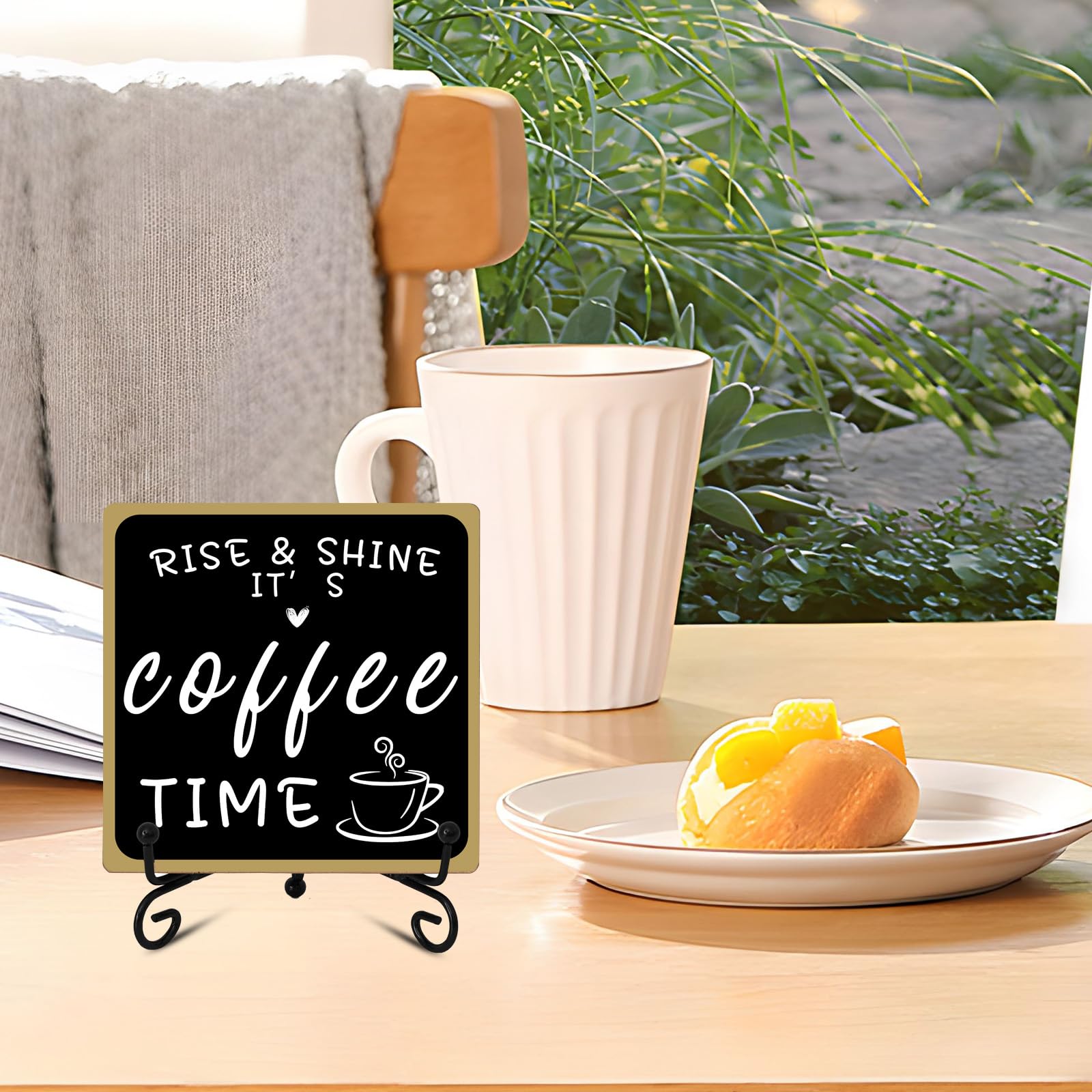 Wooden Coffee Bar Sign Coffee Bar Decor, Coffee Bar Decorations Black and White with Iron Stand Bar Tabletop Shelf Accessories,