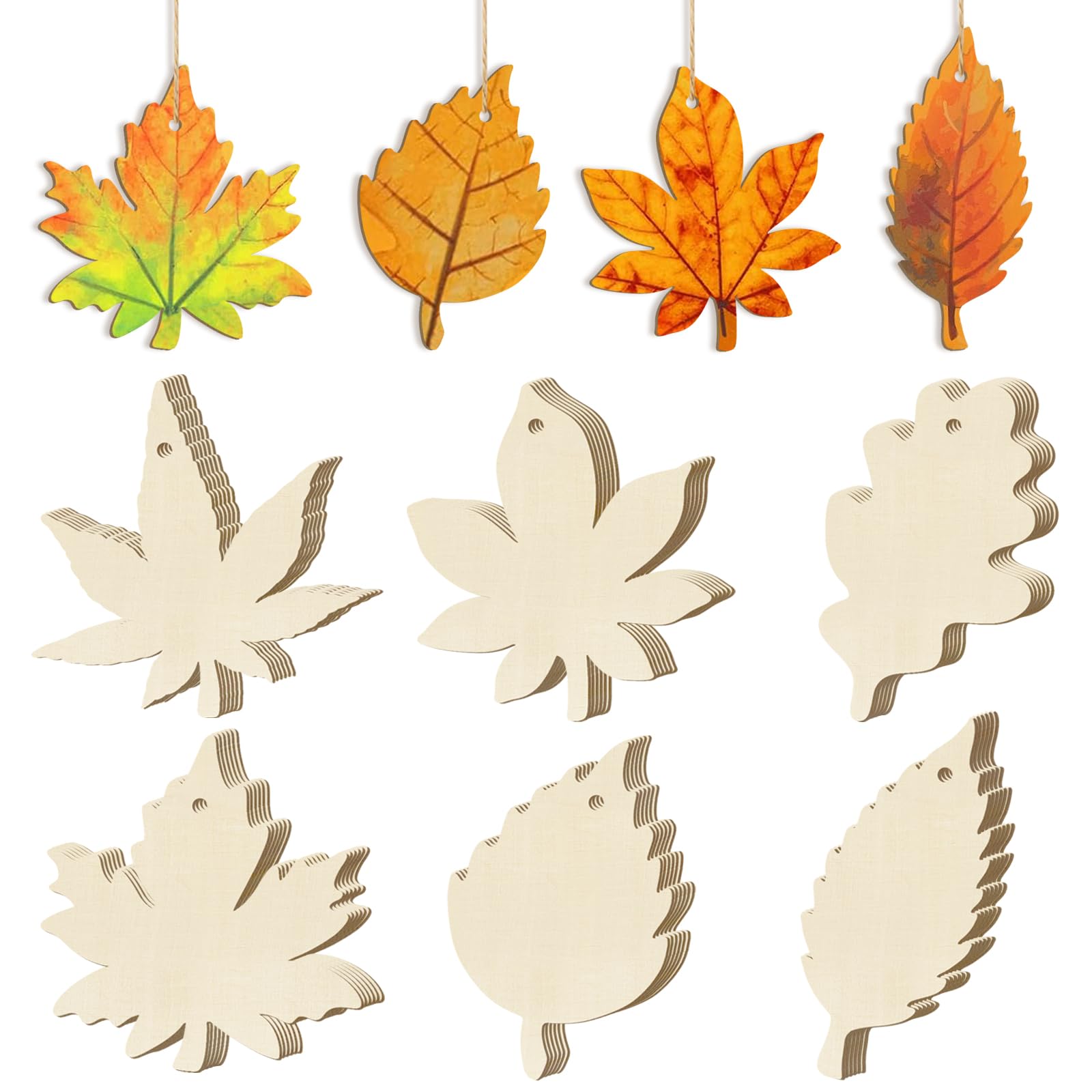 36PCS Wooden Fall Ornaments to Paint Thanksgiving Decorations, 6 Styles DIY Blank Autumn Unfinished Wood Maple Leaves Turkey Pum