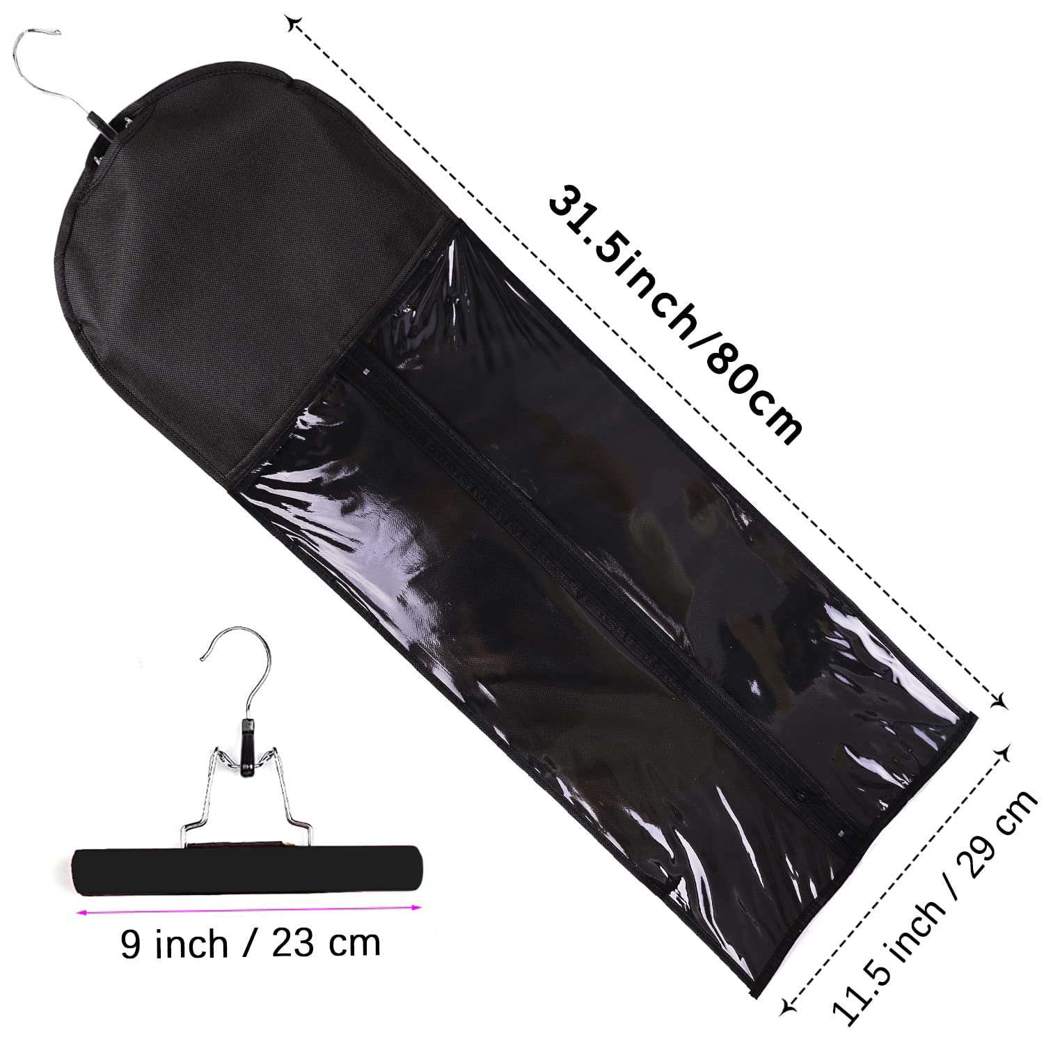 3PCS Extra Long Hair Extension Storage Bag Hairpieces Storage Holder with Wooden Hanger Dust-proof Portable Suit with Transparent Zip Up Closure- Light weight  Waterproof and Portable (Black)