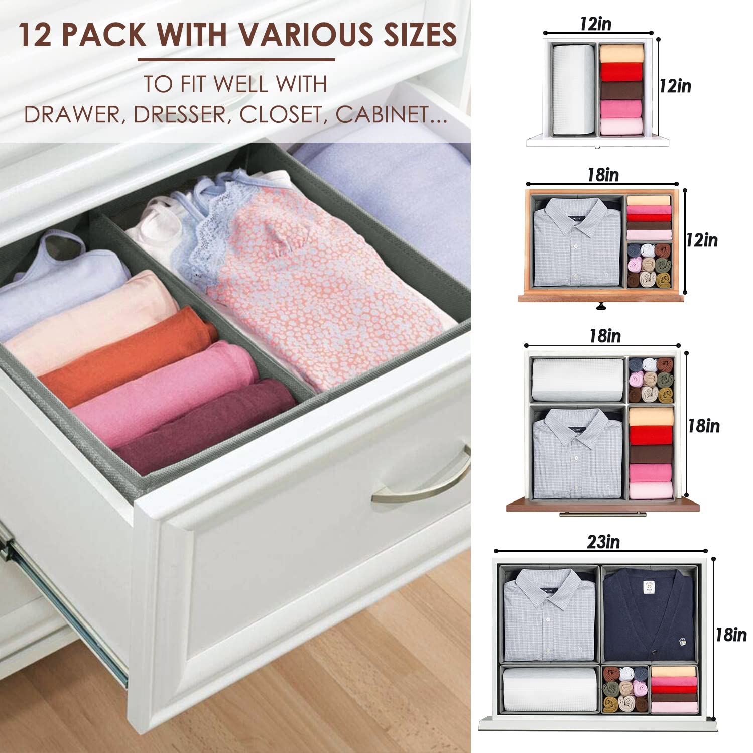12 Pack Drawer Organizers for Clothing, Foldable Clothes Storage Box Closet Dresser Drawer Organizers Dividers, Bedroom Organiza