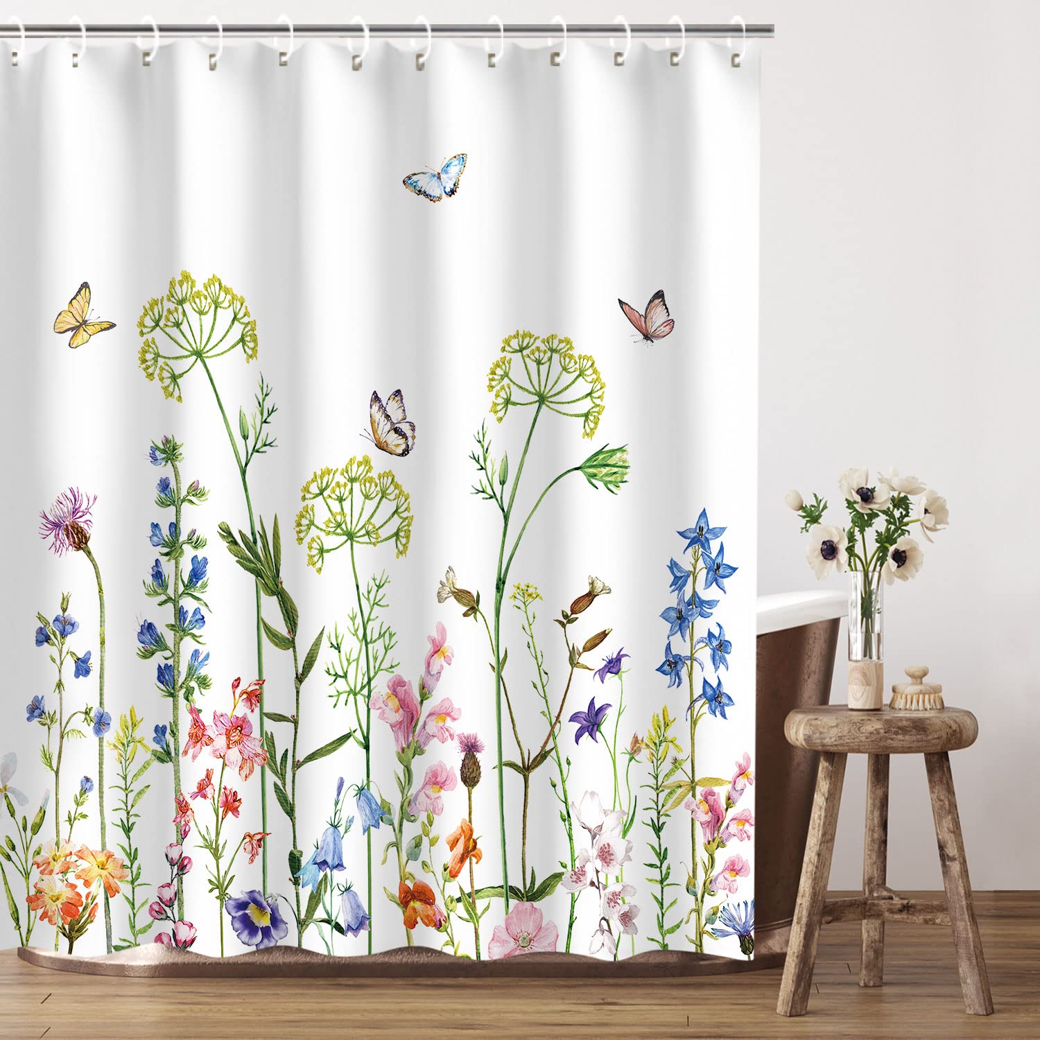 Rosielily Floral Shower Curtain For Bathroom Flower Shower Curtain Butterfly Shower Curtain Watercolor Shower Curtains Set With
