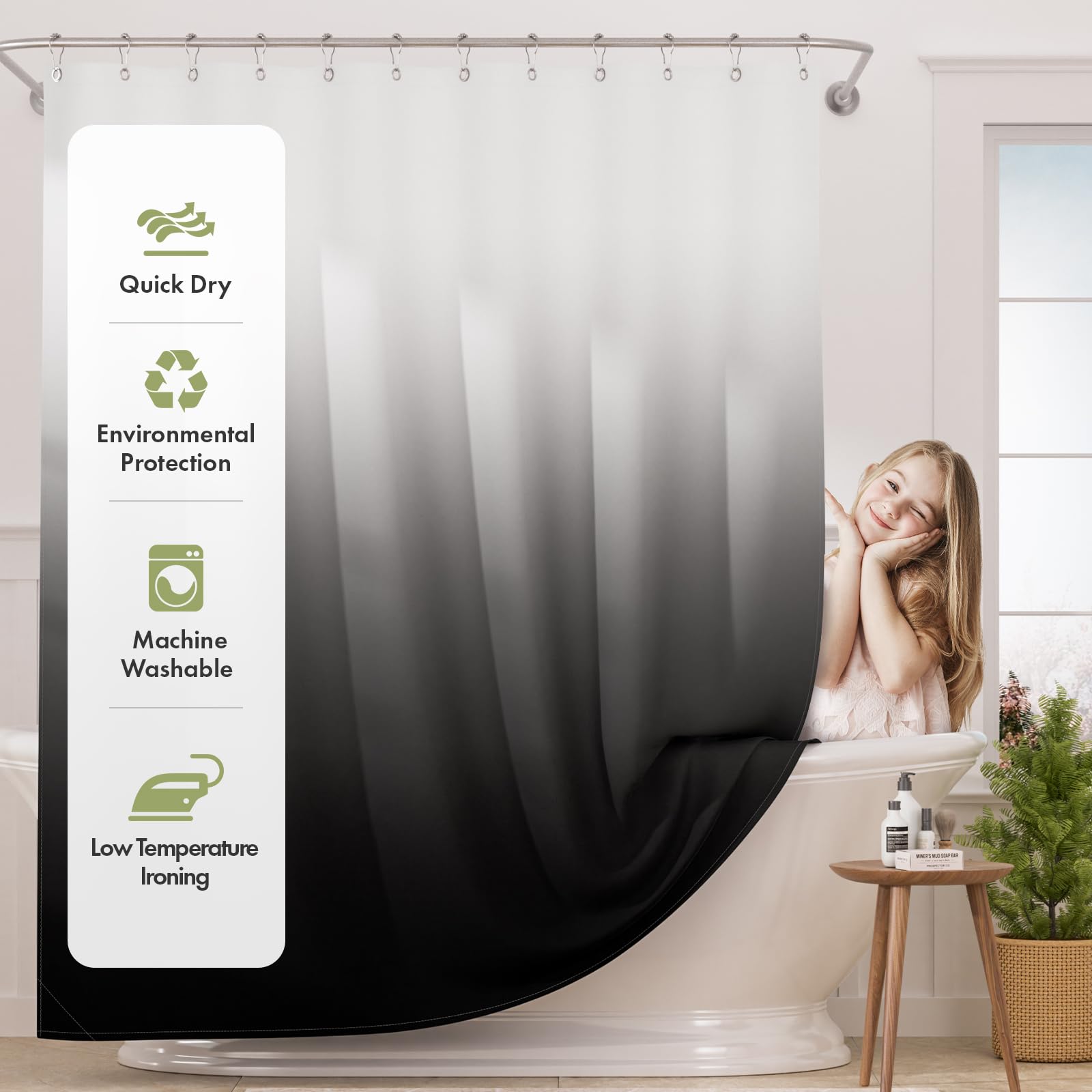 AmazerBath Shower Curtain Sets  Cloth Ombre Black Shower Curtain with 12 Shower Curtain Hooks  Washable Fabric Black and White Shower Curtain  Rustic Farmhouse Bathroom Shower Curtain  72x72 Inches