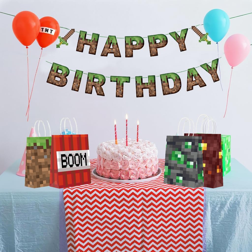 Pixel Birthday Decorations,Happy Birthday Banner,Mining Theme Party Favors Supplies