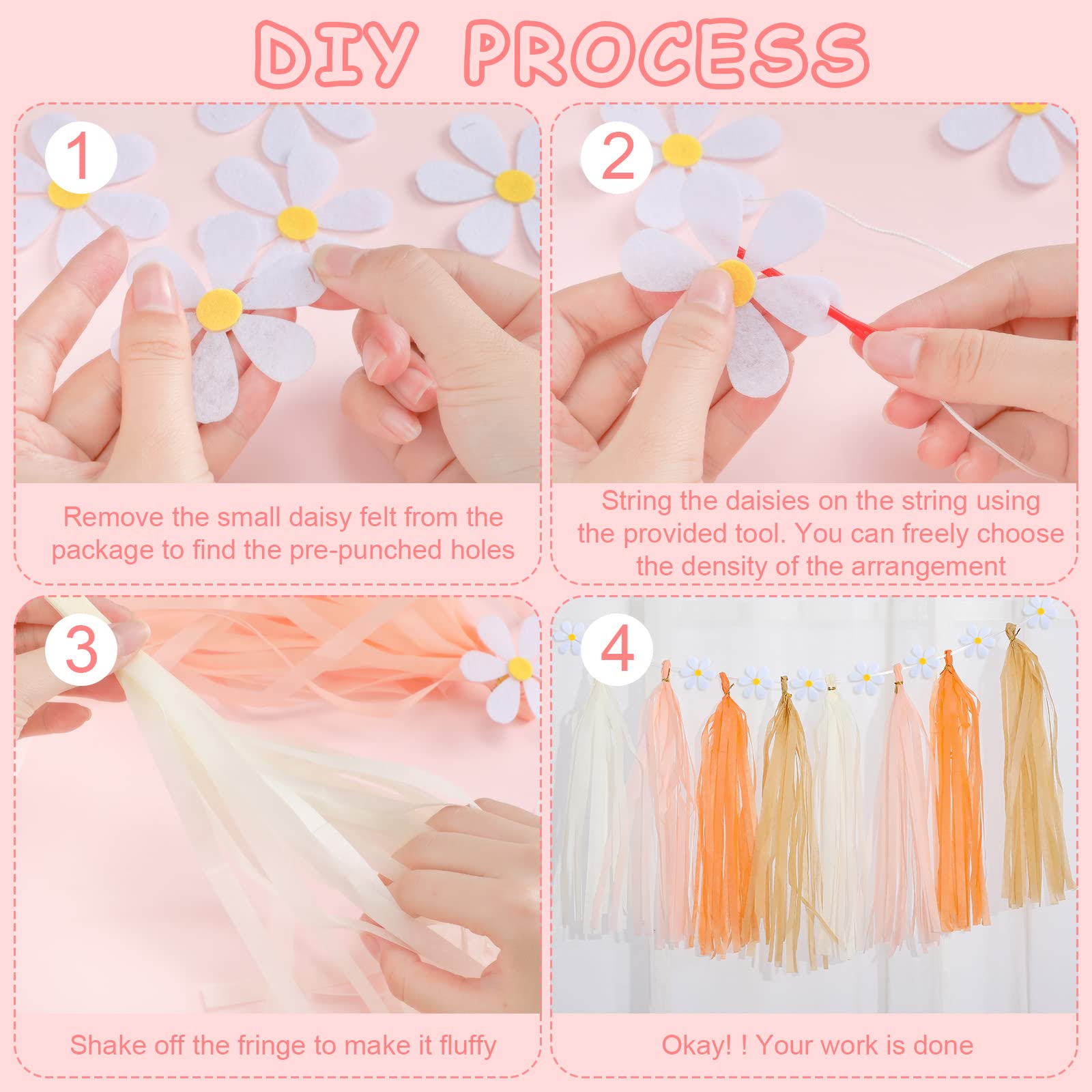 Tudomro 2 Pcs Daisy Groovy Boho Garland With 20 Pcs Paper Tassels, Groovy Party Decorations Hippie Daisy Felt Banner Artificial