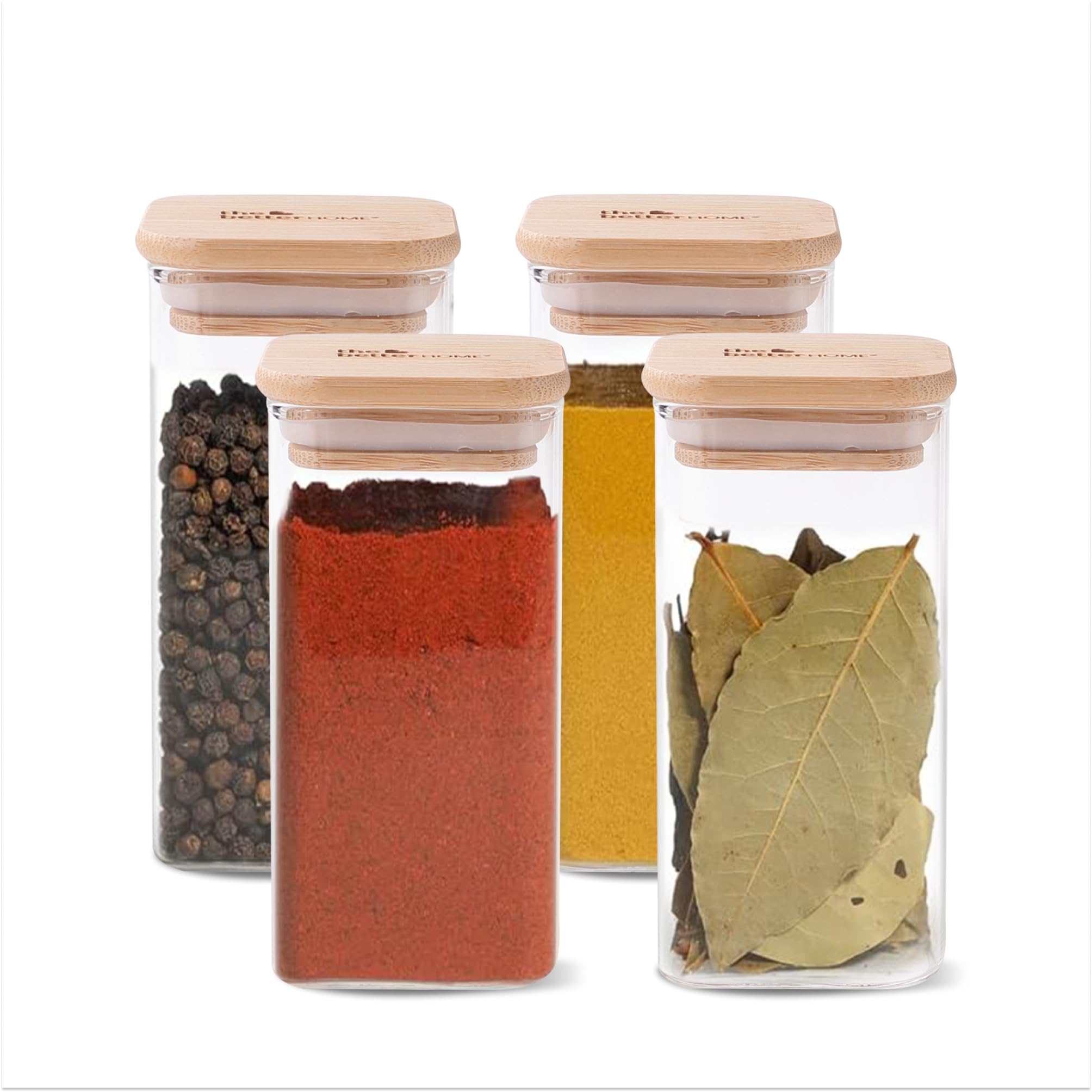 The Better Home Pack Of 4 Borosilicate Glass Jars With Bamboo Lid | 300Ml Each | Rectangular Spice Jars | Airtight Borosilicate 