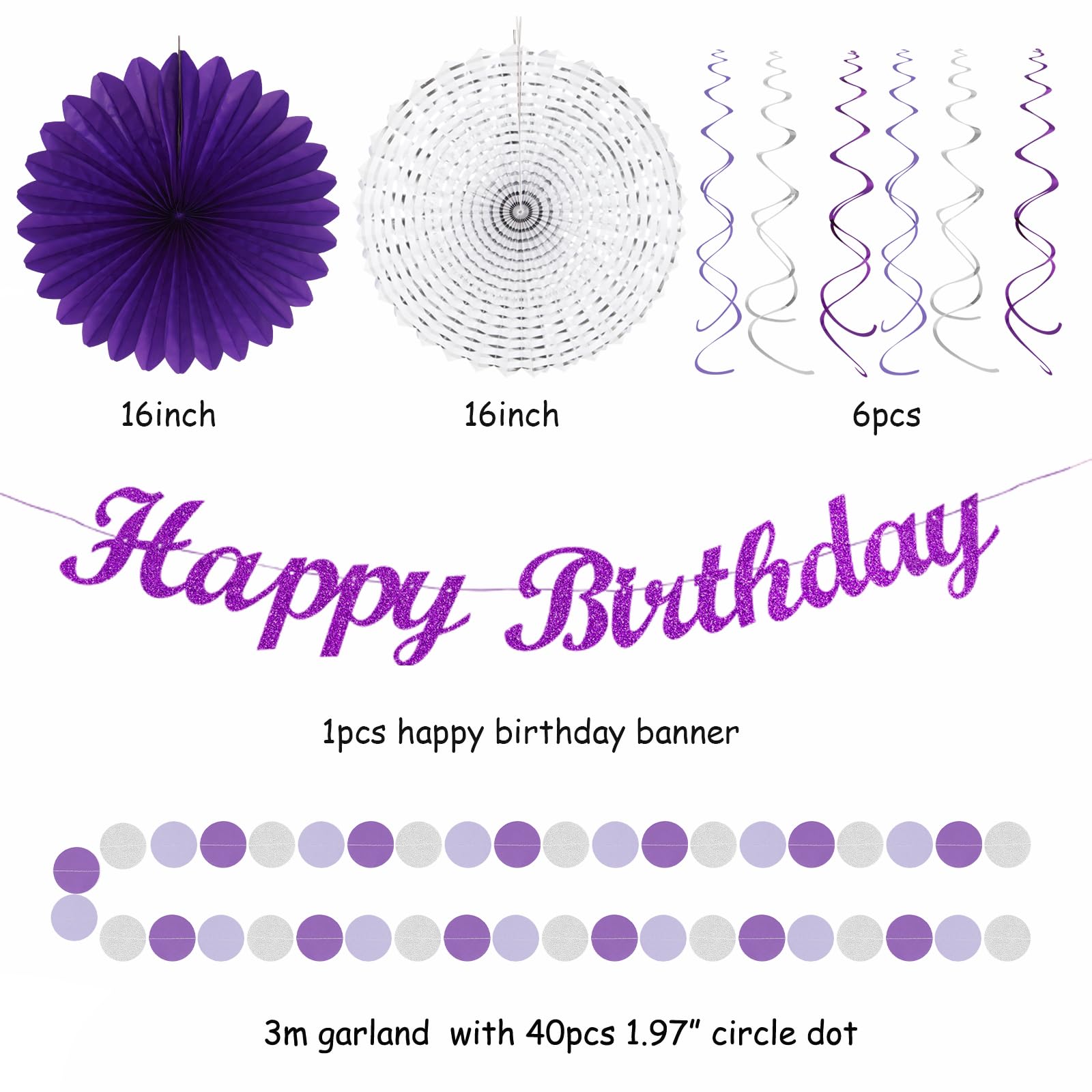 Purple Lilac-Lavender Silver Women Birthday Party-Decorations - 21Pc Happy Banner,Paper Lanterns Streamers,Tissue Pom Poms Honey