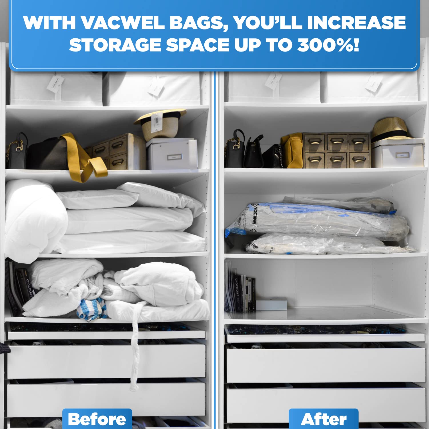 Vacwel 12-Pack Variety - Vacuum Storage Bags For Clothes, Packing & Storage - Strong Vacuum Space Bags For Comforter, Quilt & Ma