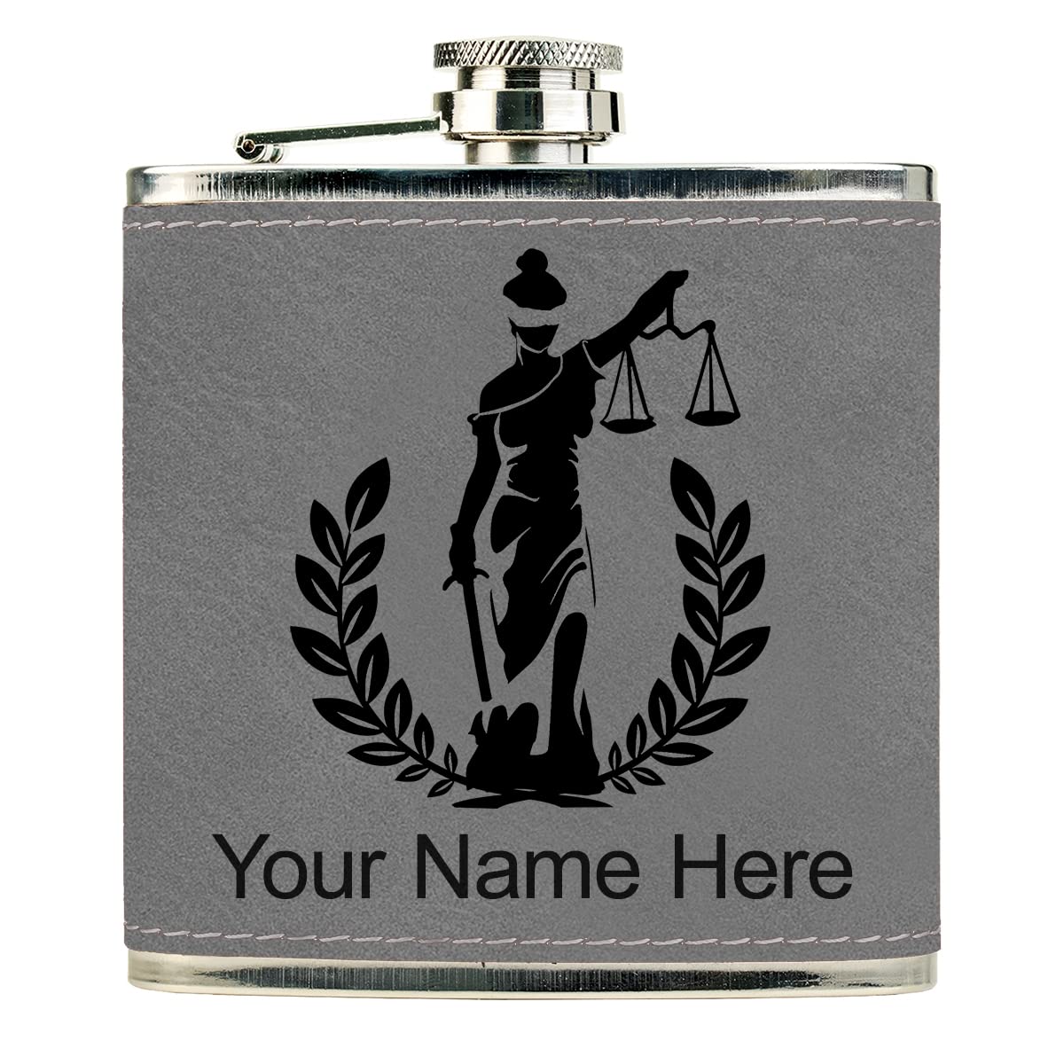 Faux Leather Flask, Lady Justice, Personalized Engraving Included (Gray)
