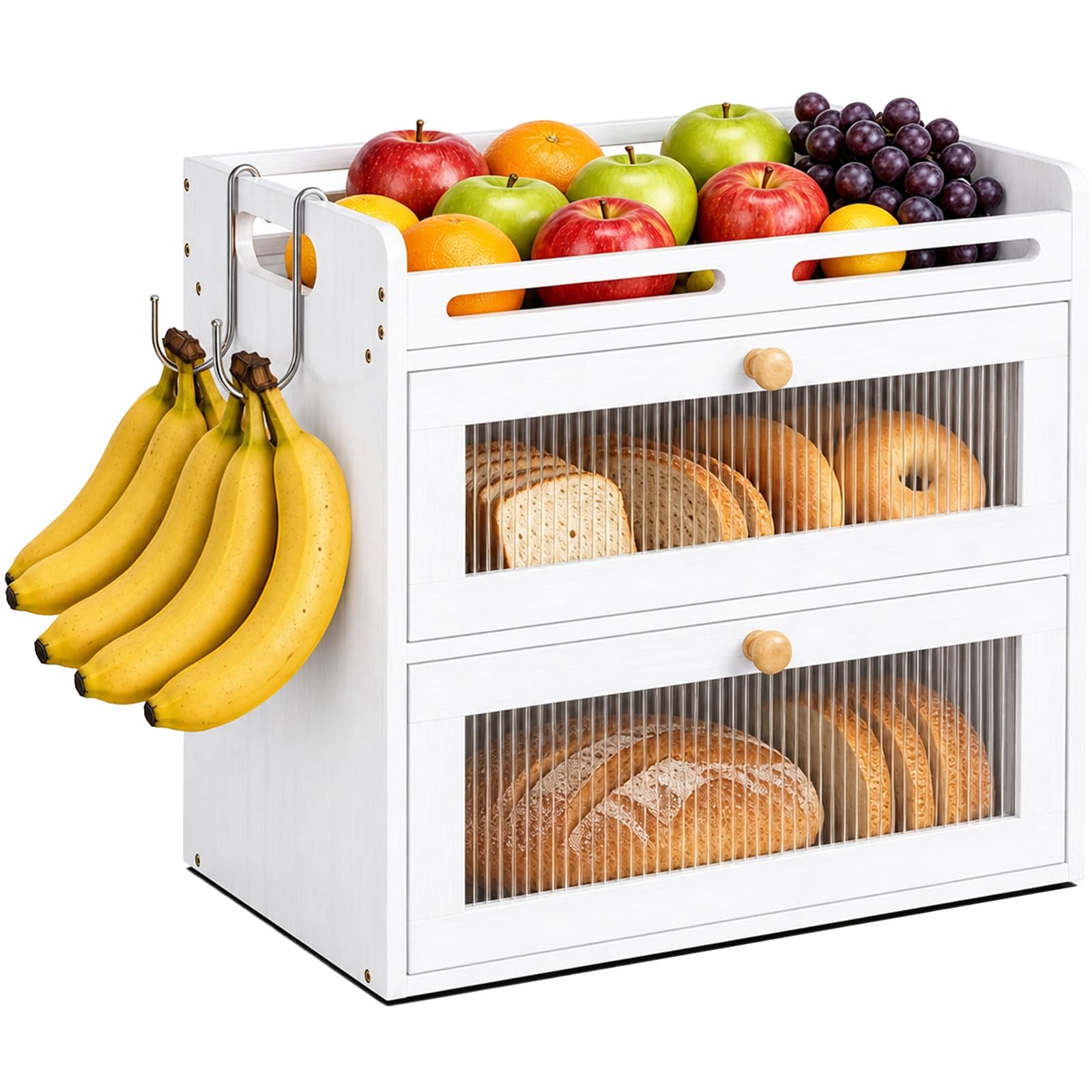 Bread Box for Kitchen Countertop, 2Tier Bamboo Storage with Raised Shelf