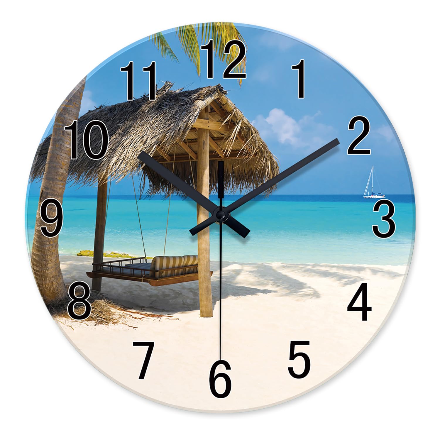 Xfm Round Coastal Beach Wall Clocks Battery Operated 14 Inch - Silent Decorative Wall Clock Non Ticking - Blue Glass Clock For B