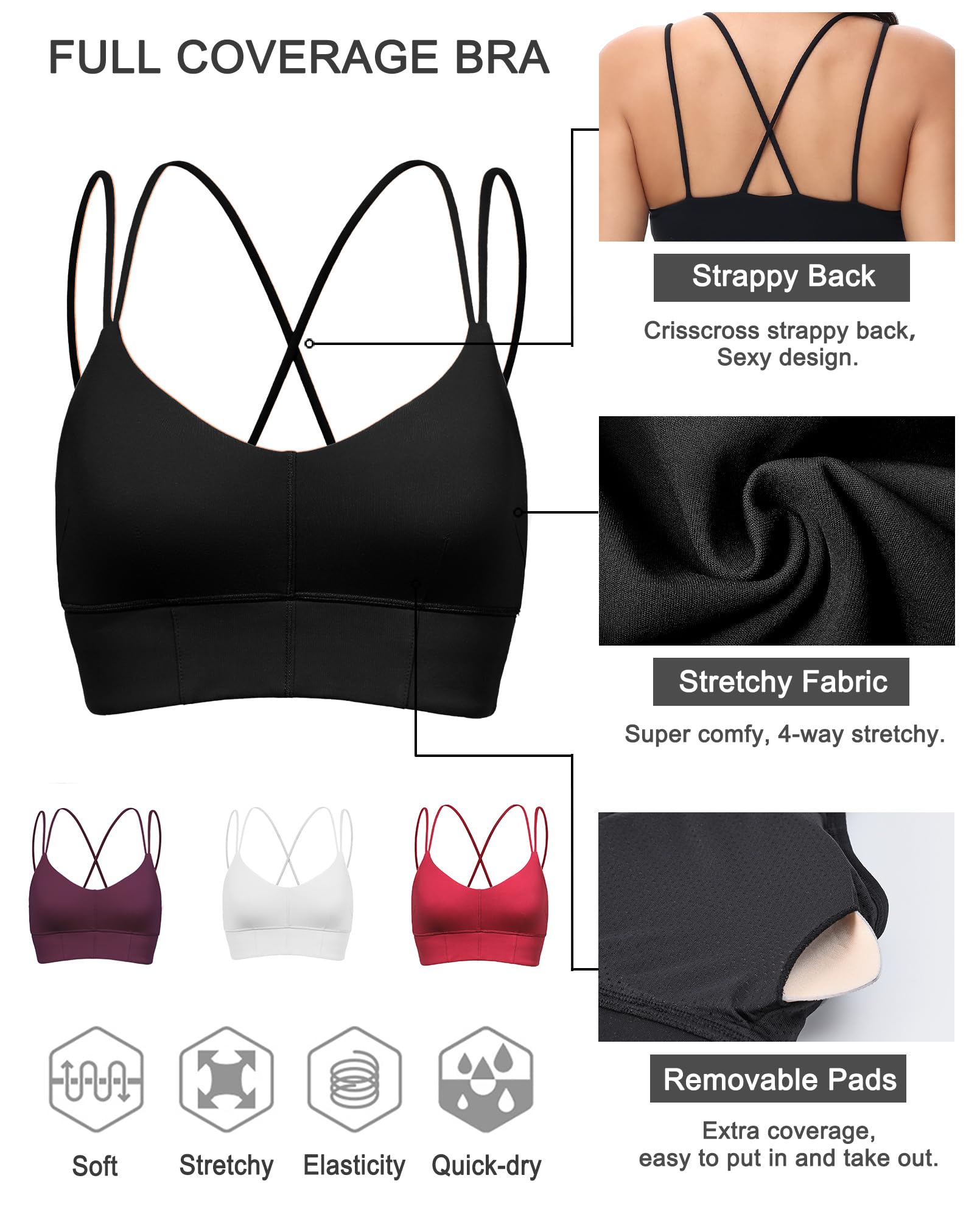 Motorun Womens Push-Up Padded Strappy Sports Bra Cross Back Wirefree Fitness Yoga Top Black S