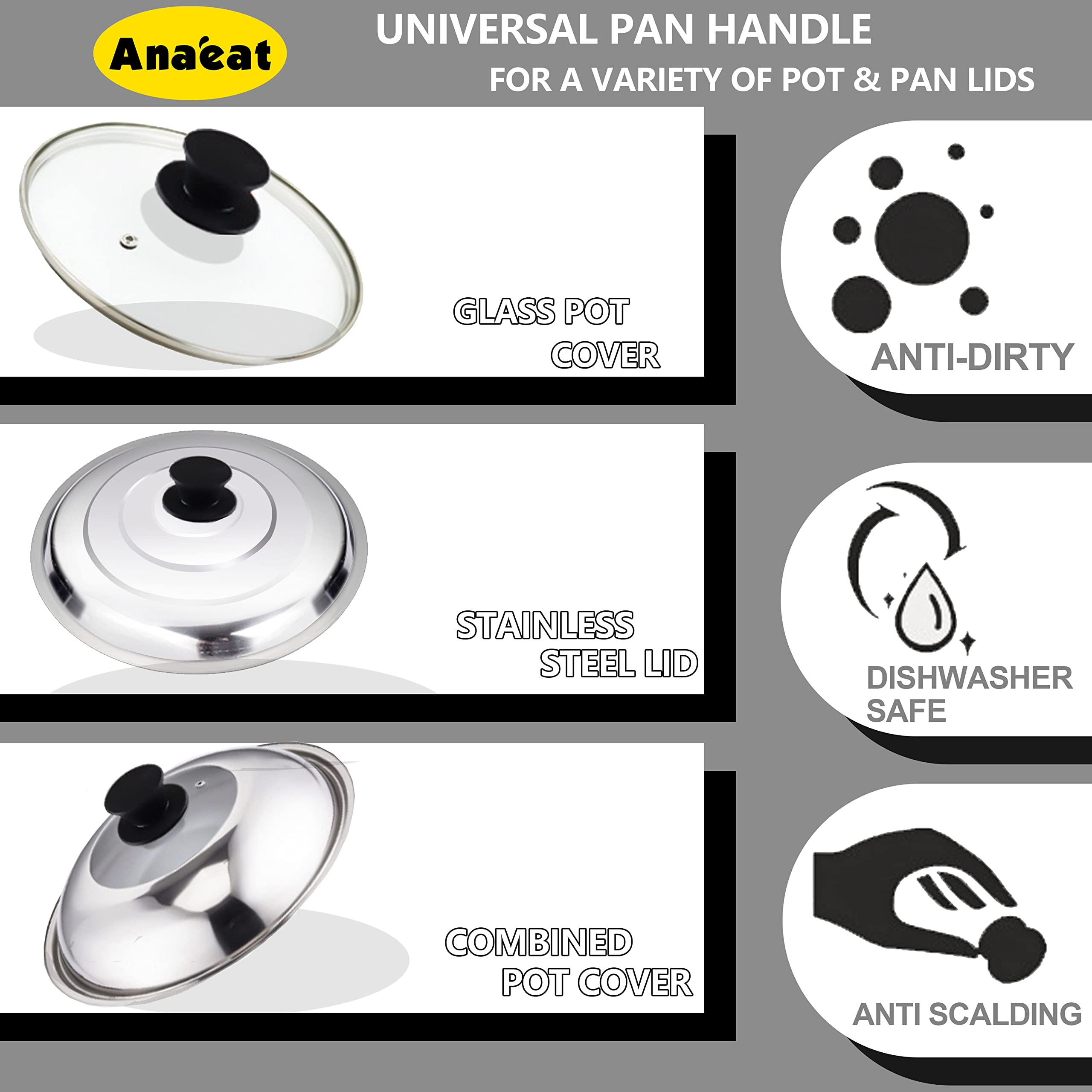 Anaeat Universal Pot Lid Replacement Knobs - Heat Resistant Silicone Pan Lid Holding Handles, Soft Non-Slip Knob For Kitchen Coo