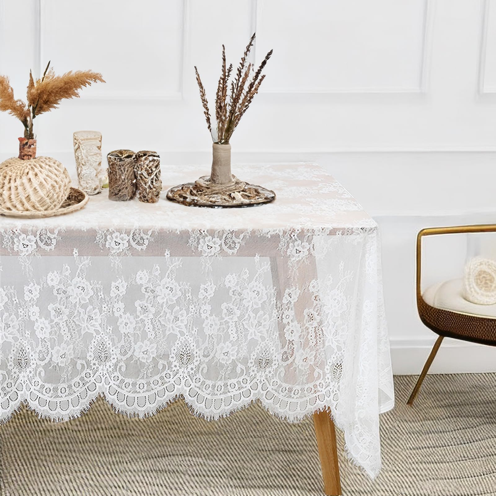 Vintage Lace Tablecloth Rectangle 60X120 Inches Long Embroidered White Table Cloths For Parties Wedding Reception Fall Home Deco