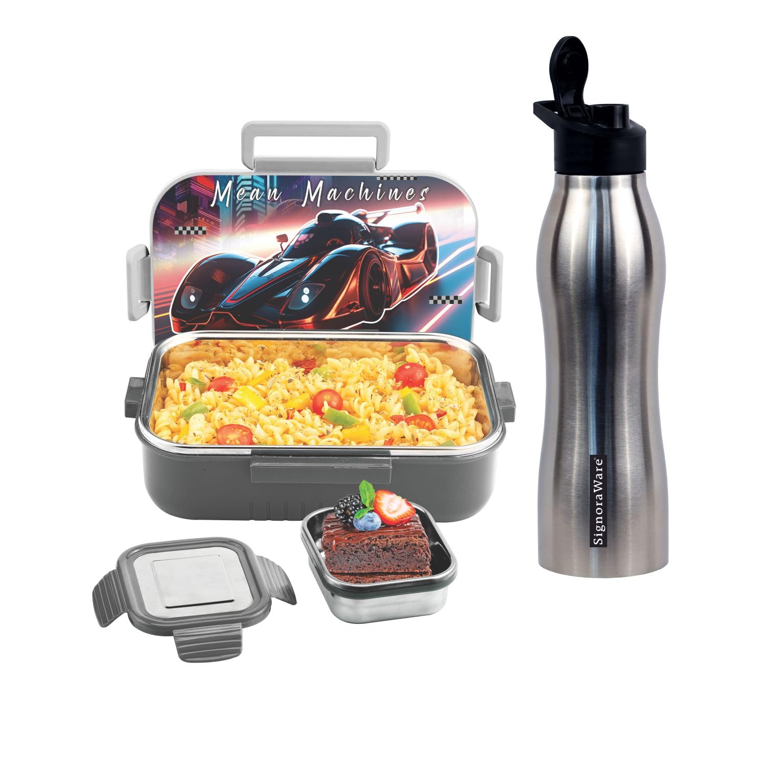 Signoraware Delight C Chipmunk Stainless Steel Printed Lunch Box Set For Kids | Airtight Clip Lock Lid | Compact & Sleek Size | 