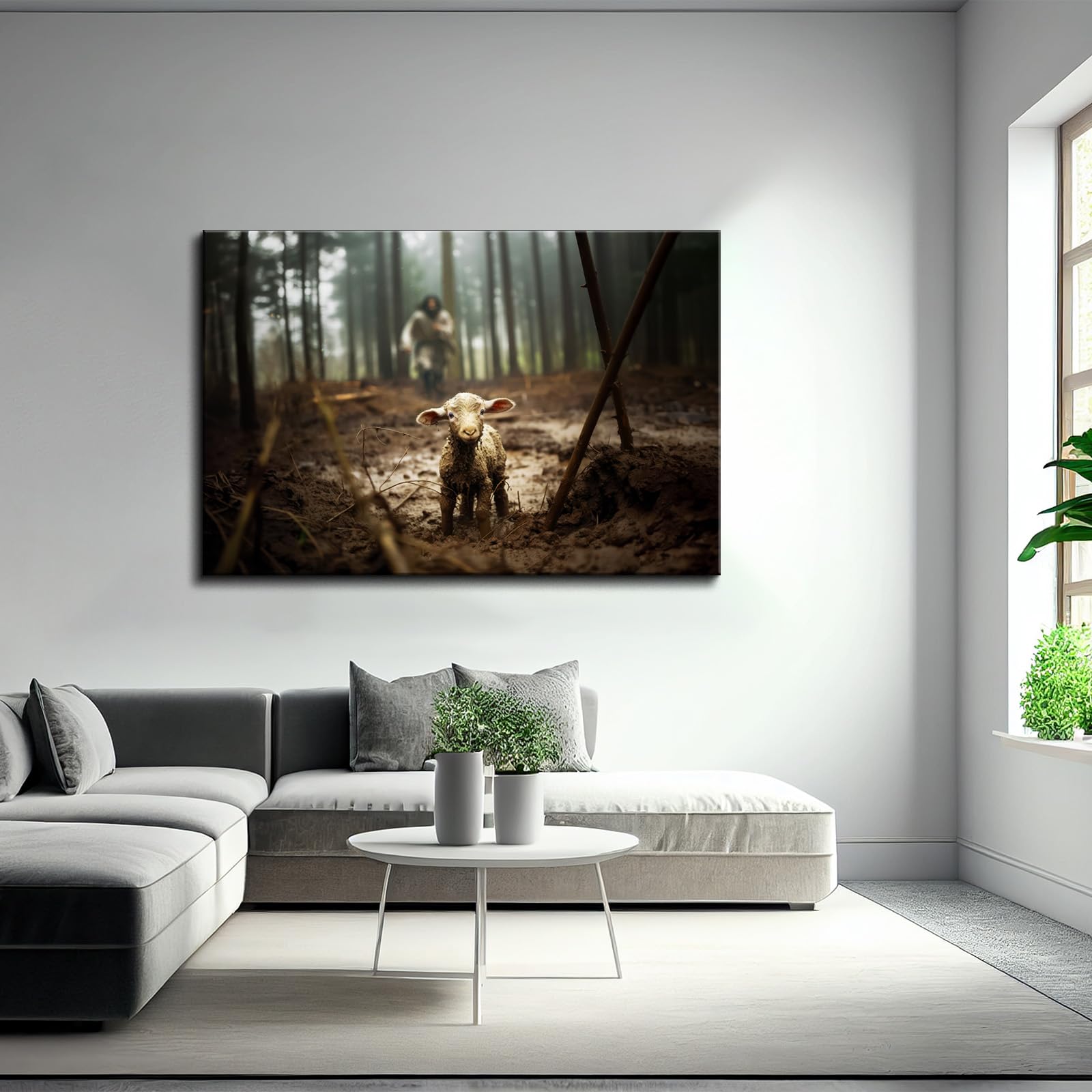 Yonica Jesus And Lamb Canvas Wall Art Jesus Running After Lost Lamb Picture Wall Art Canvas Print Christian Home Decor 12X16 Inc