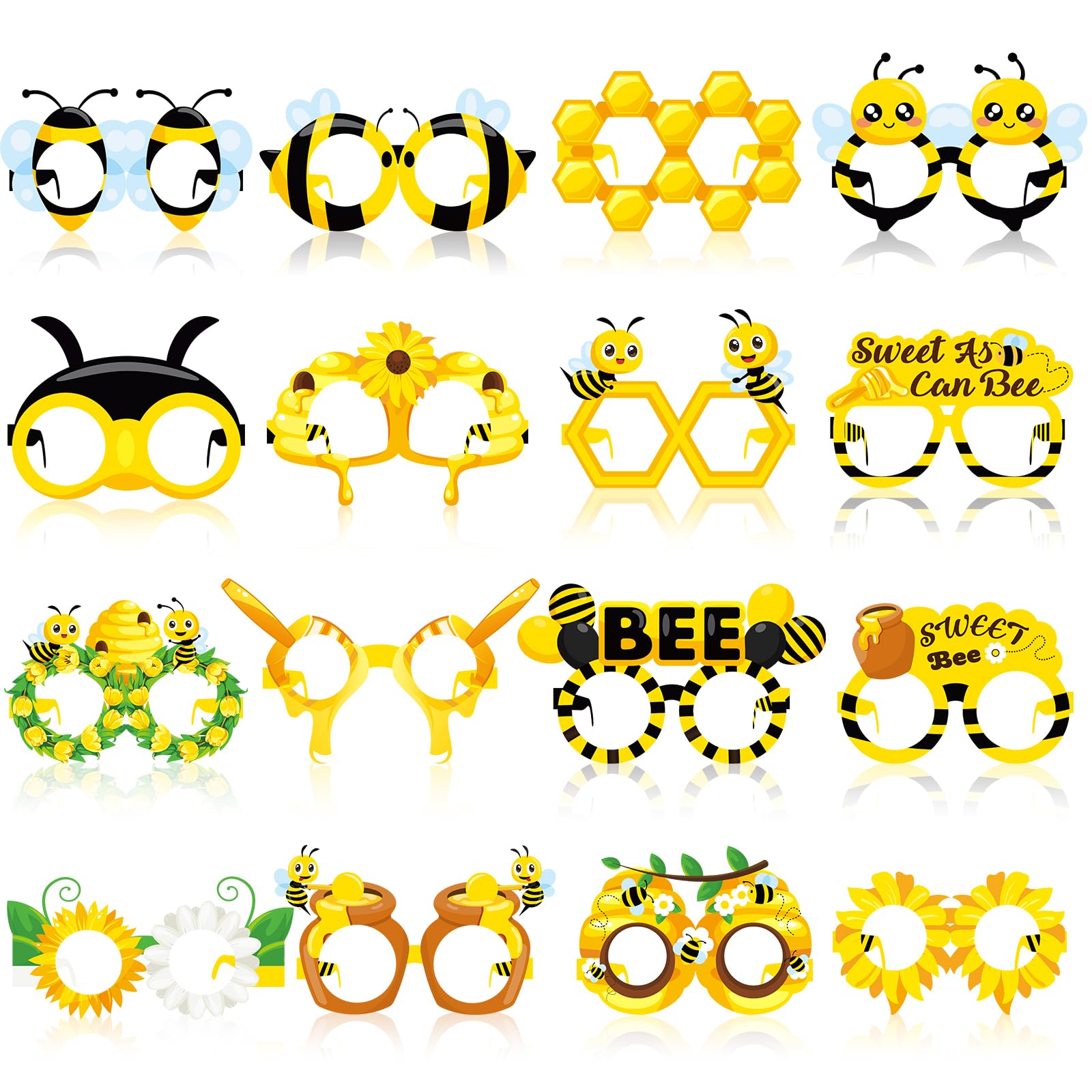 Threan 32 Pieces Bee Party Supplies Bulk Bee Glasses Honeycomb Sunflower Paper Eyeglasses for Summer Flower Birthday Party Baby 