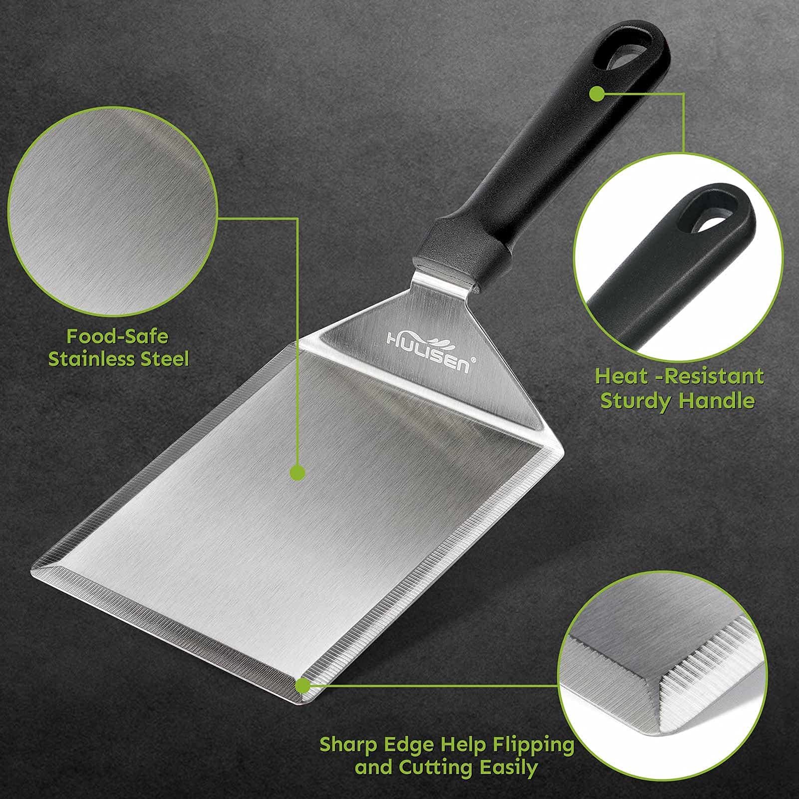 HULISEN Stainless Steel Large Grill Spatula - 6 x 5 Inch Heavy-Duty Metal Spatula with Cutting Edges  Kitchen Griddle Accessories  Smashed Burger Turner Scraper for BBQ Grill and Flat Top Griddle