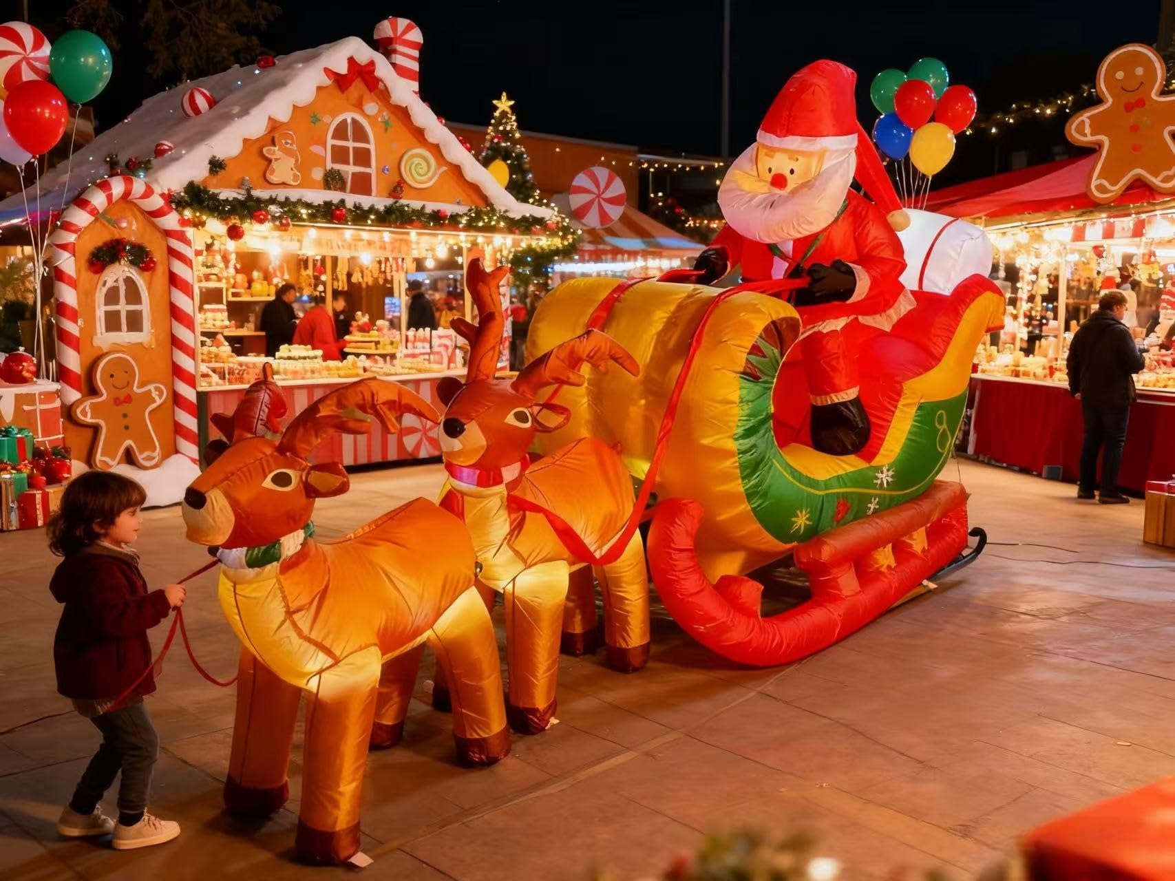 8 FT Christmas Inflatables Santa Claus in Sleigh with Two Reindeer Outdoor Decorations Blow Up Yard Santa Claus with Built-in LE
