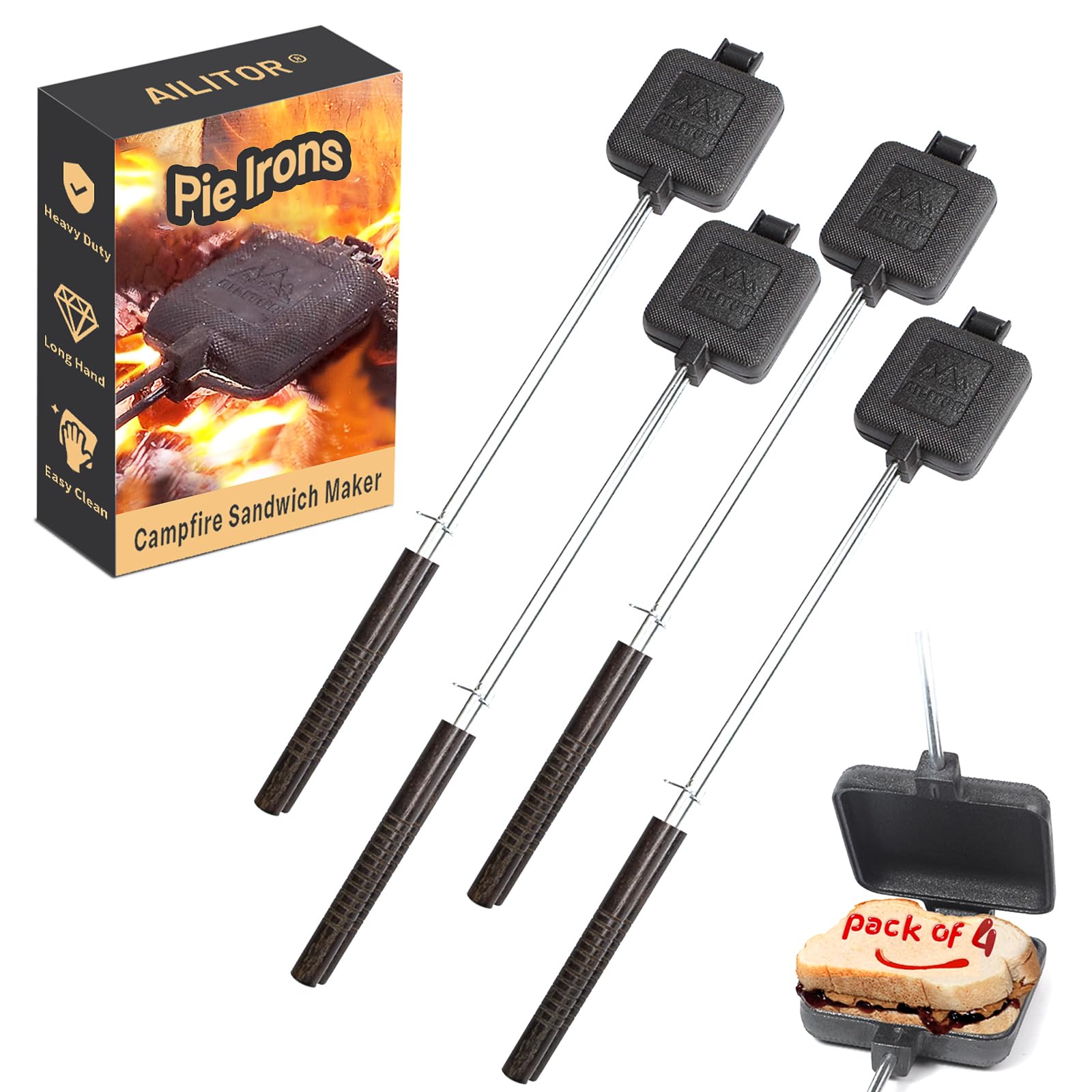 Ailitor Campfire Sandwich Maker Cast Iron Pack Of 4 - Pudgy Pie Maker For Camping, Mountain Pie Cooker