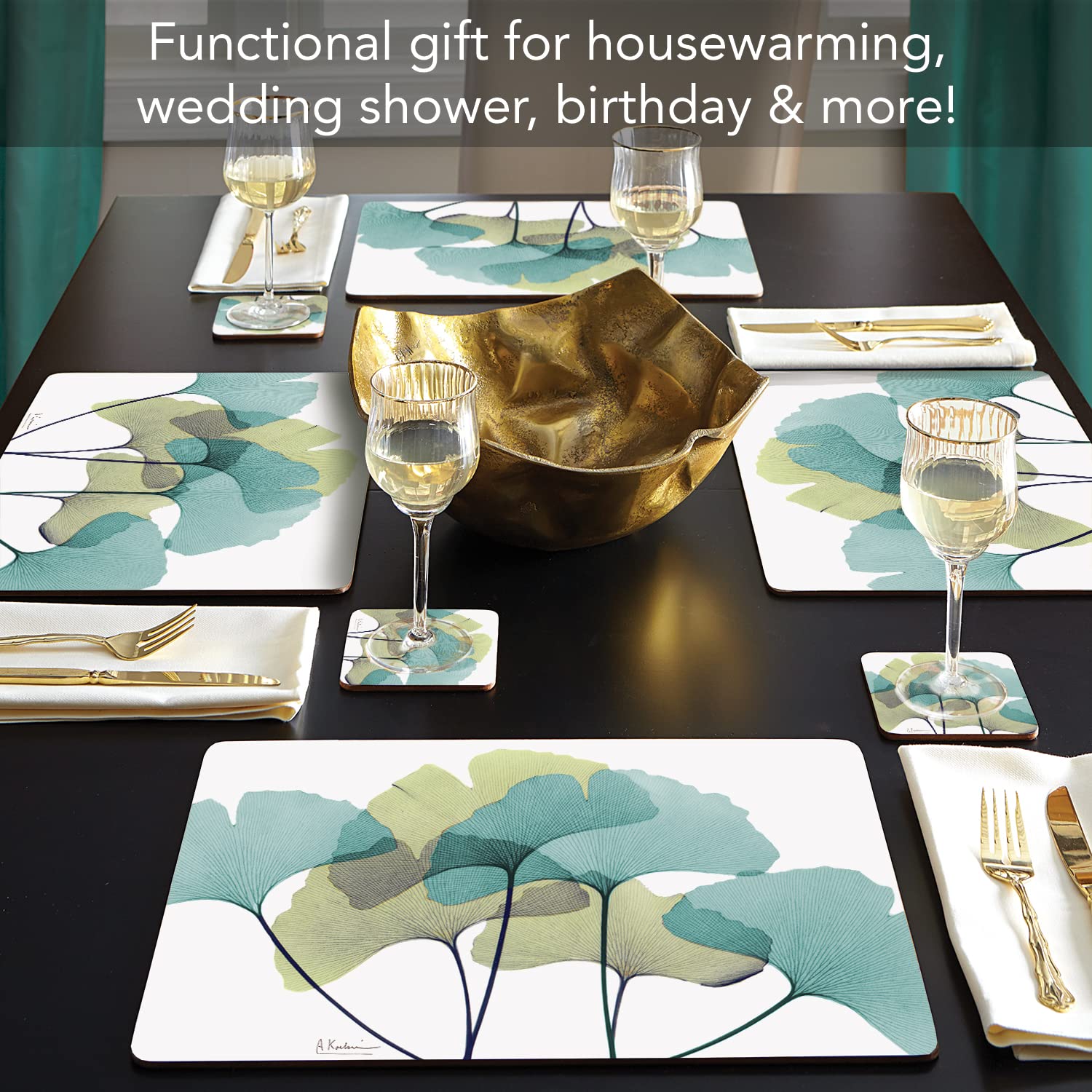 Cala Home Gingko Decorative Hardboard Cork Back Tabletop Placemats 4 Pack Manufactured In The Usa Heat Tolerant And Easily Wipes