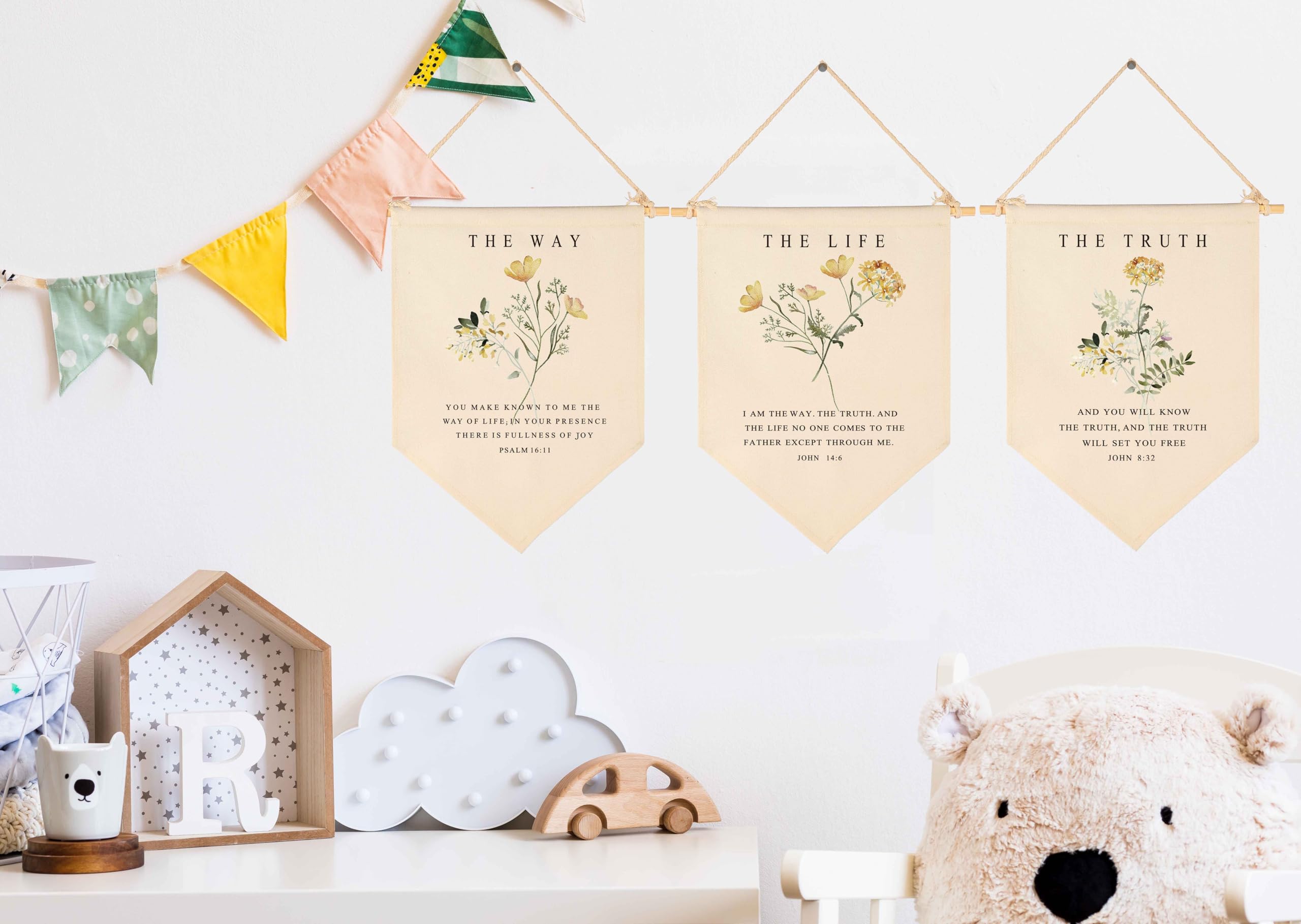 Christian Floral Flag Sign Gifts,The Way,The Truth,The Life,Bible Verse Wall Decor Gifts,Botanical Scripture-Canvas Hanging Penn